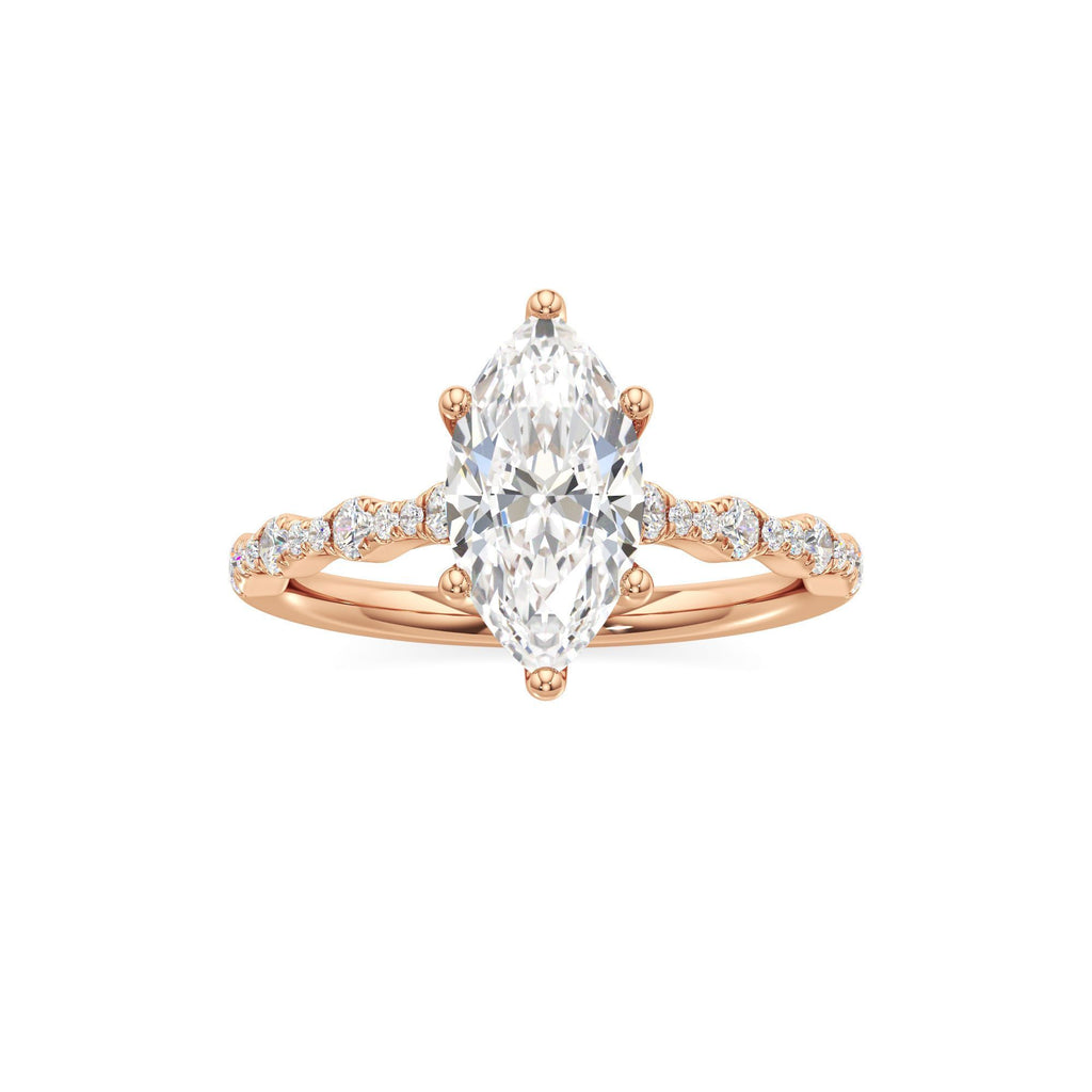 2 ct East-West Lab diamond Ring, IGI Certified Lab Grown Diamond, Scalloped Pavé Solitaire 2ct Rose Gold Marquise