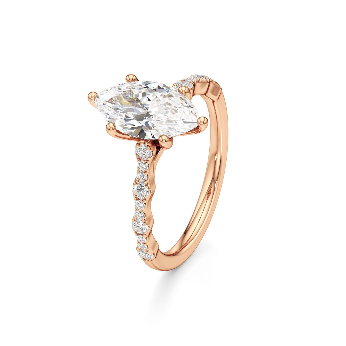 2 ct East-West Lab diamond Ring, IGI Certified Lab Grown Diamond, Scalloped Pavé Solitaire 2ct Rose Gold Marquise