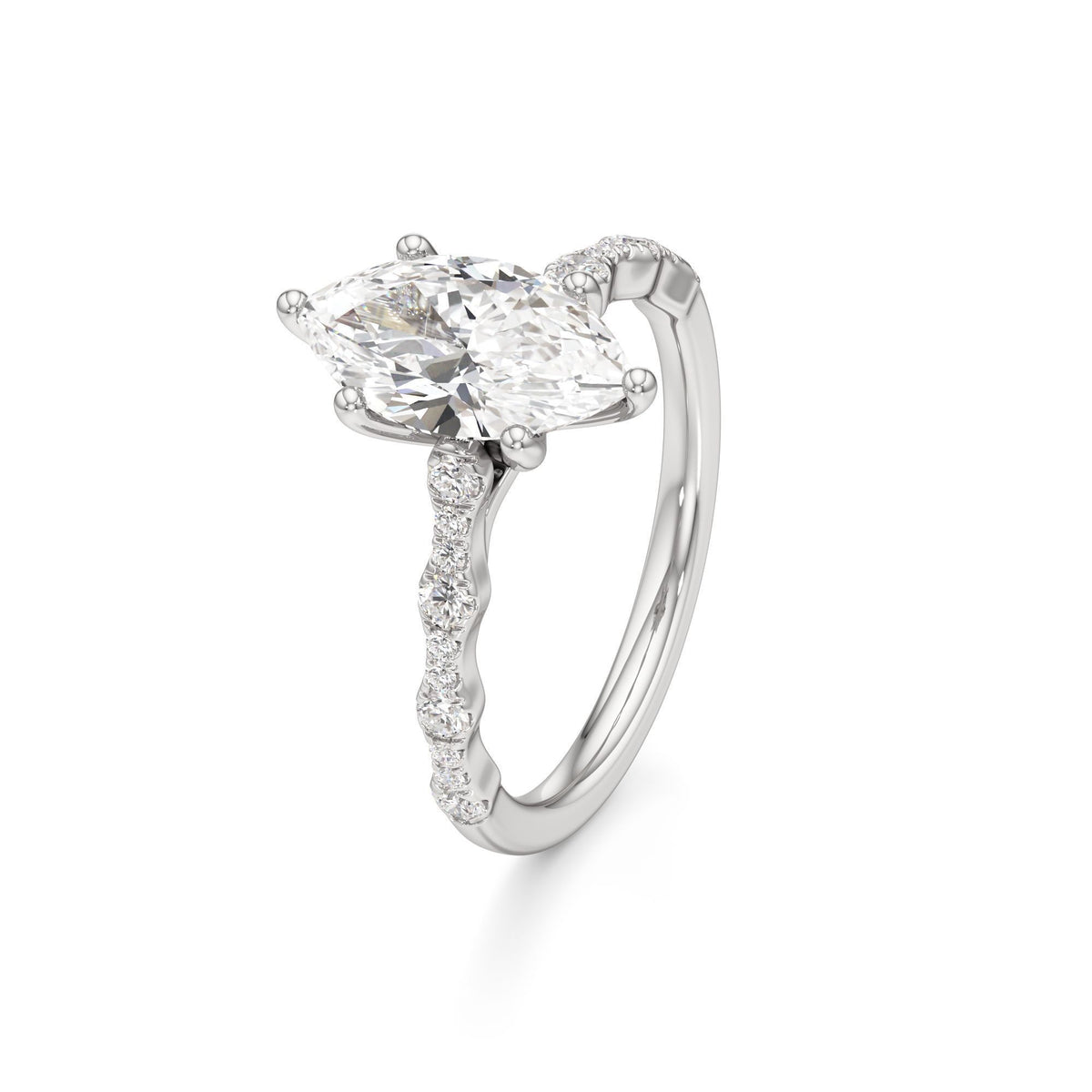 2 ct East-West Lab diamond Ring, IGI Certified Lab Grown Diamond, Scalloped Pavé Solitaire 2ct White Gold Marquise