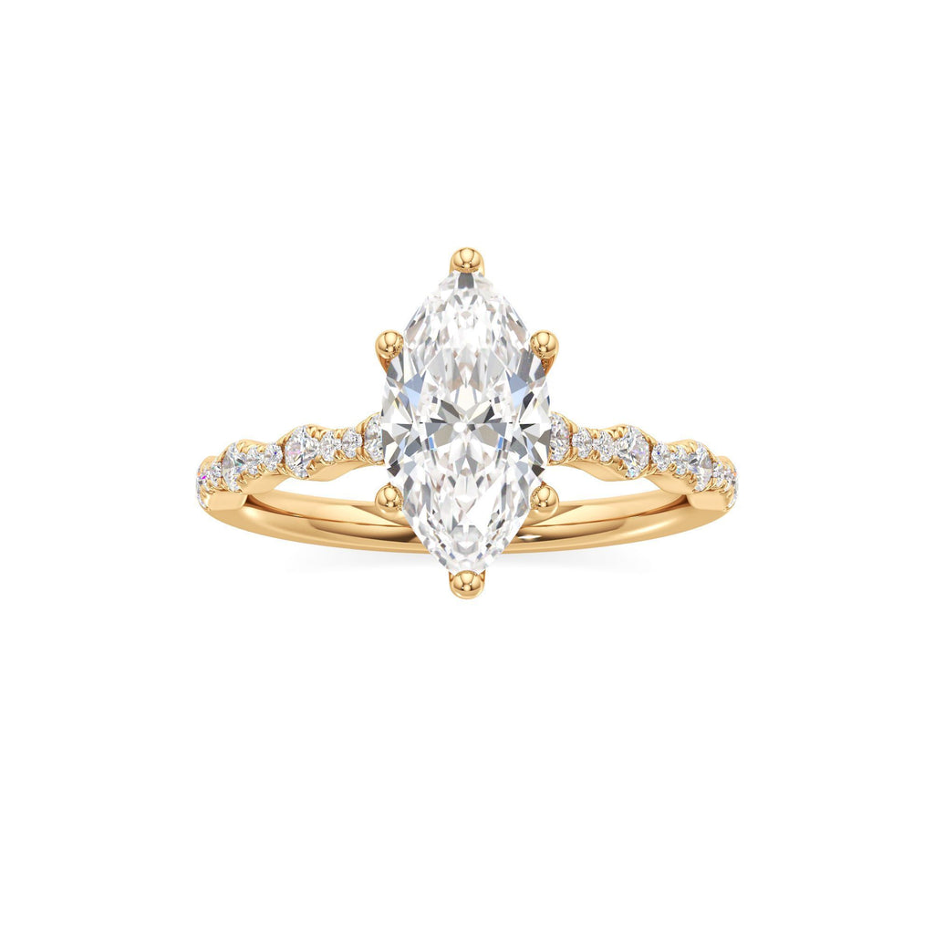 2 ct East-West Lab diamond Ring, IGI Certified Lab Grown Diamond, Scalloped Pavé Solitaire 2ct Yellow Gold Marquise