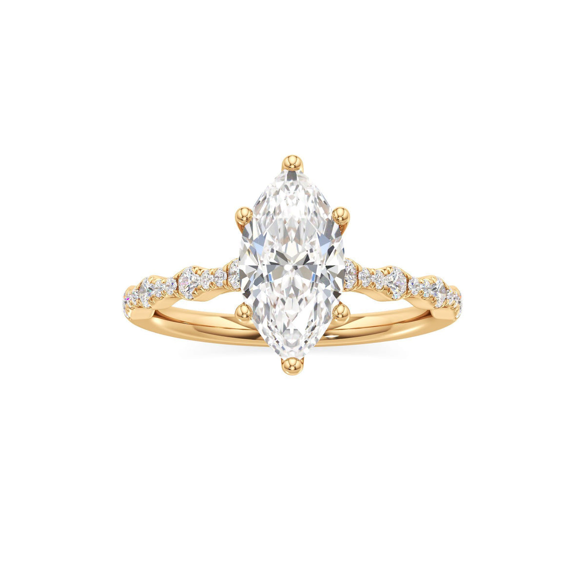 2 ct East-West Lab diamond Ring, IGI Certified Lab Grown Diamond, Scalloped Pavé Solitaire 2ct Yellow Gold Marquise