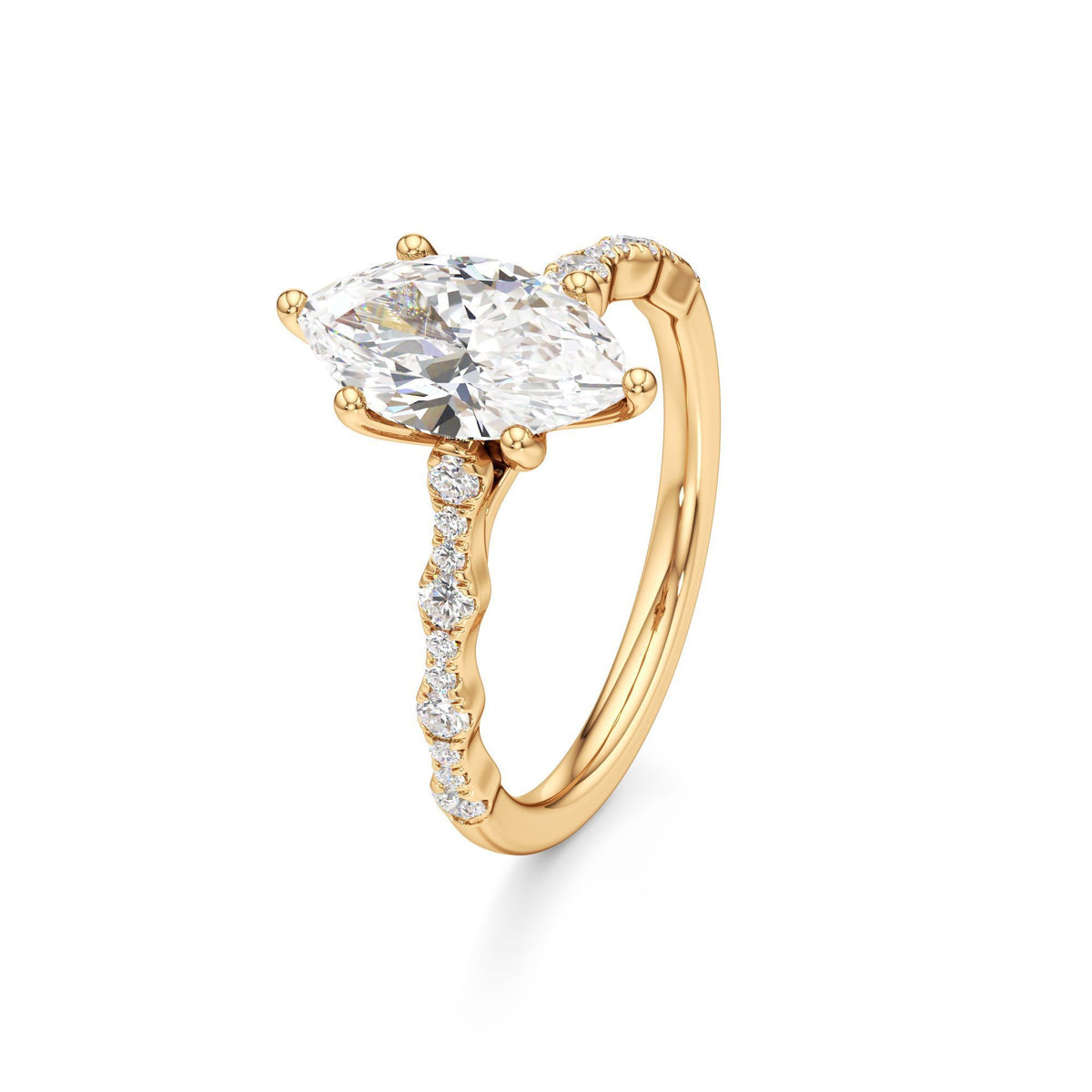 2 ct East-West Lab diamond Ring, IGI Certified Lab Grown Diamond, Scalloped Pavé Solitaire 2ct Yellow Gold Marquise