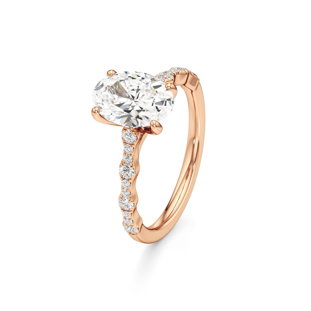 2 ct East-West Lab diamond Ring, IGI Certified Lab Grown Diamond, Scalloped Pavé Solitaire 2ct Rose Gold Oval