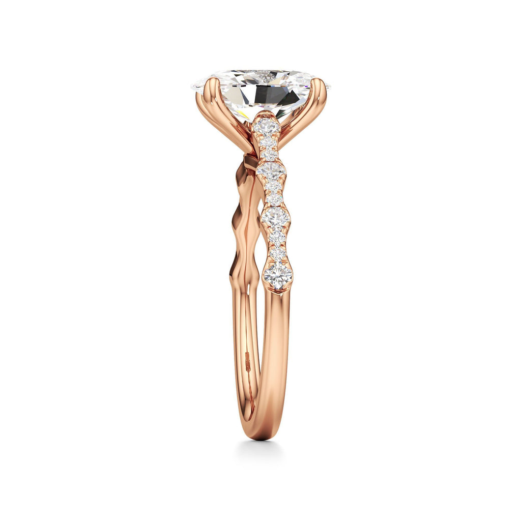2 ct East-West Lab diamond Ring, IGI Certified Lab Grown Diamond, Scalloped Pavé Solitaire 2ct Rose Gold Oval