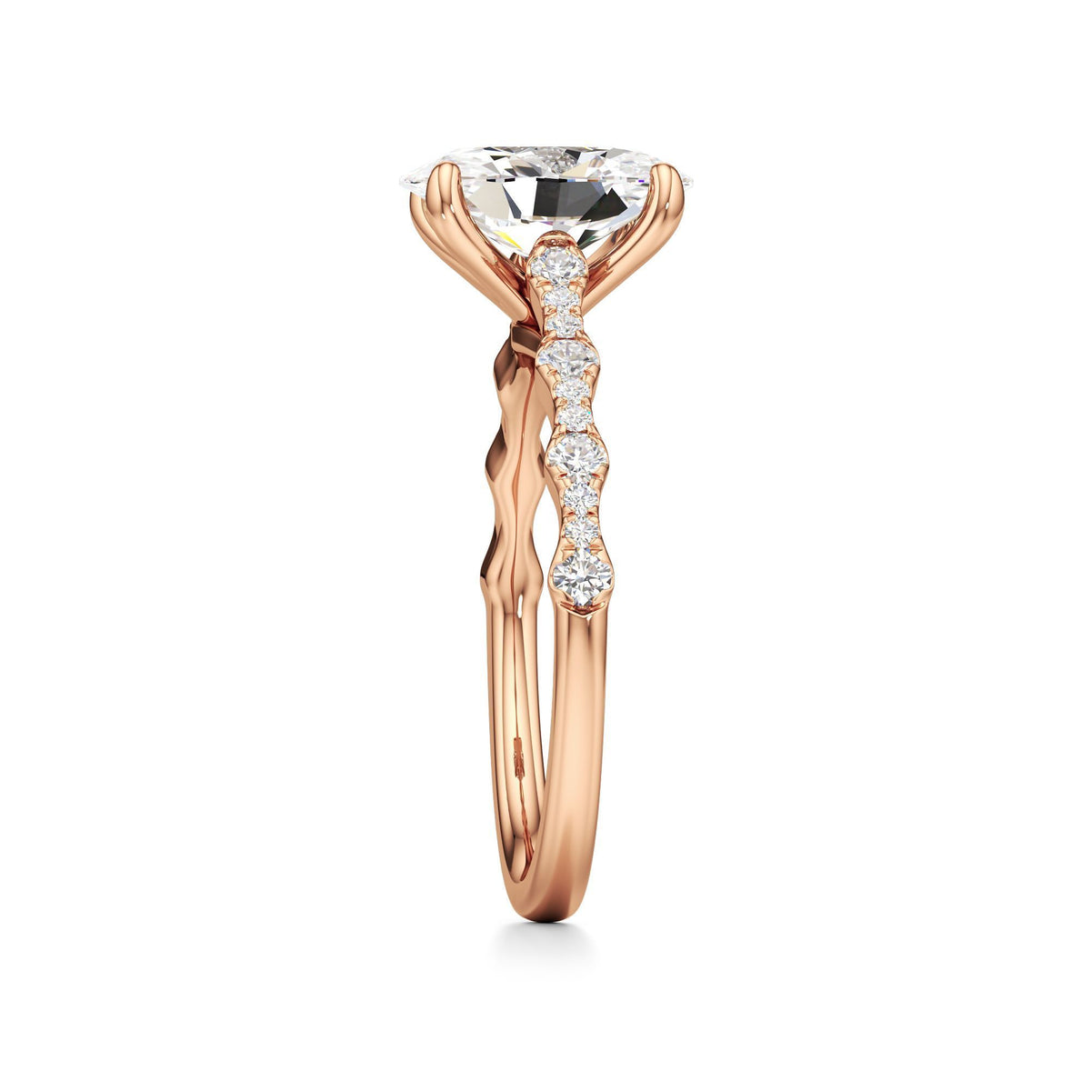 2 ct East-West Lab diamond Ring, IGI Certified Lab Grown Diamond, Scalloped Pavé Solitaire 2ct Rose Gold Oval