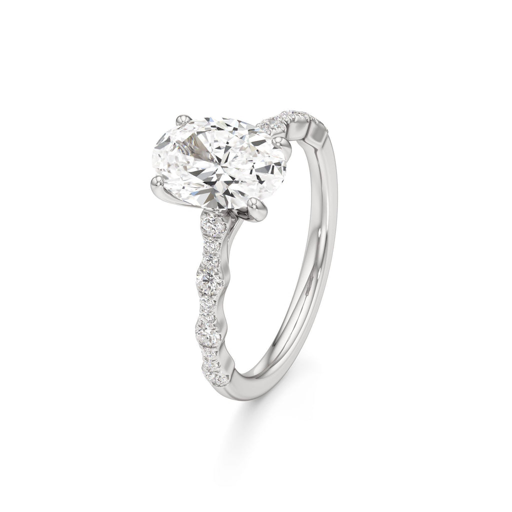 2 ct East-West Lab diamond Ring, IGI Certified Lab Grown Diamond, Scalloped Pavé Solitaire 2ct White Gold Oval
