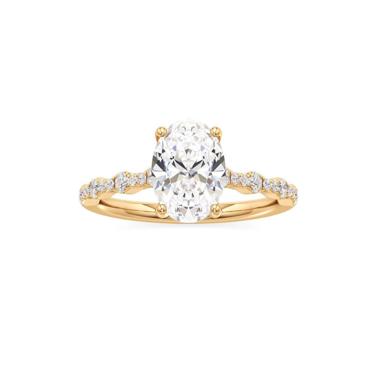 2 ct East-West Lab diamond Ring, IGI Certified Lab Grown Diamond, Scalloped Pavé Solitaire 2ct Yellow Gold Oval