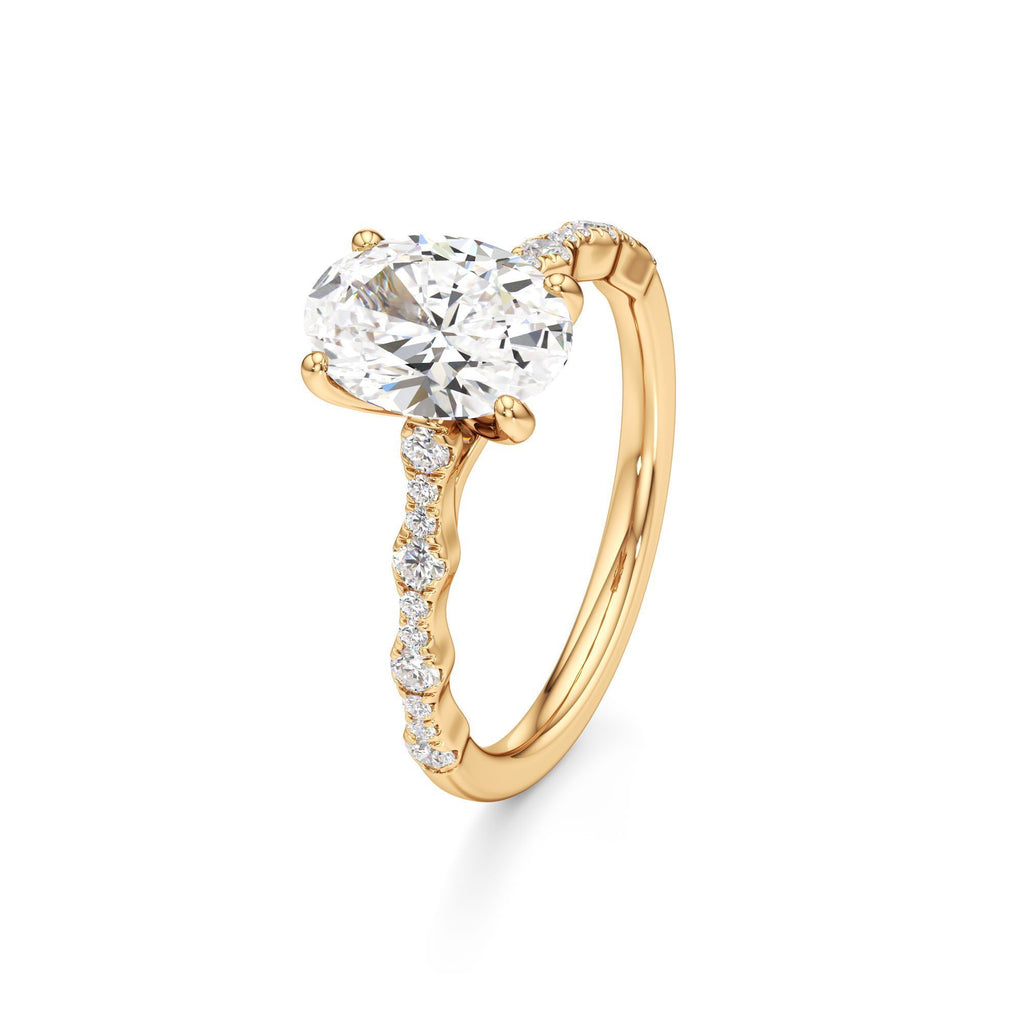 2 ct East-West Lab diamond Ring, IGI Certified Lab Grown Diamond, Scalloped Pavé Solitaire 2ct Yellow Gold Oval