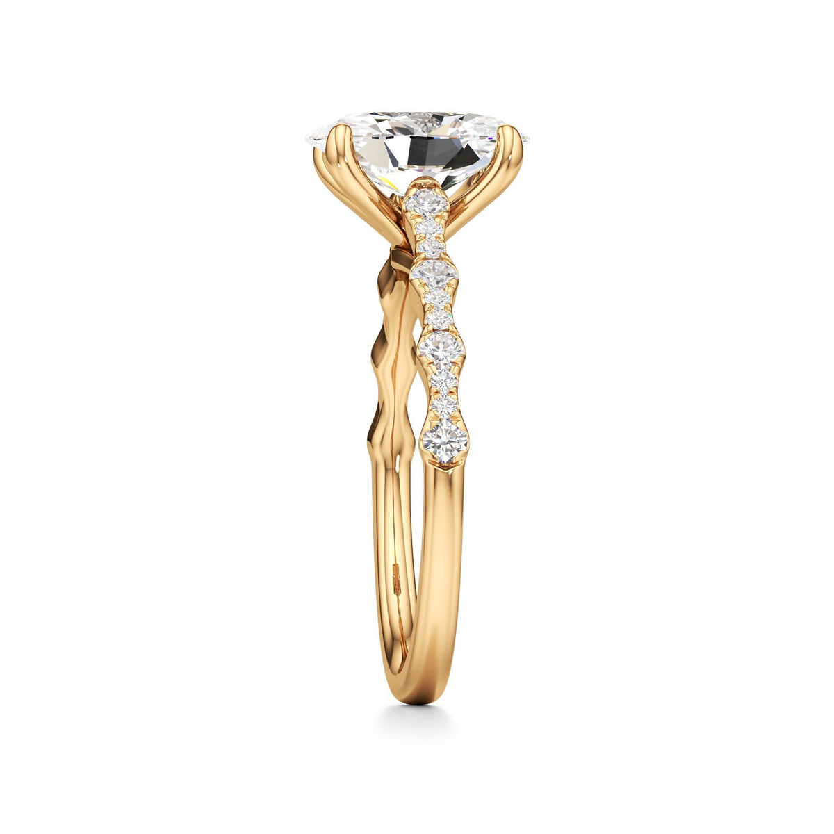 2 ct East-West Lab diamond Ring, IGI Certified Lab Grown Diamond, Scalloped Pavé Solitaire 2ct Yellow Gold Oval