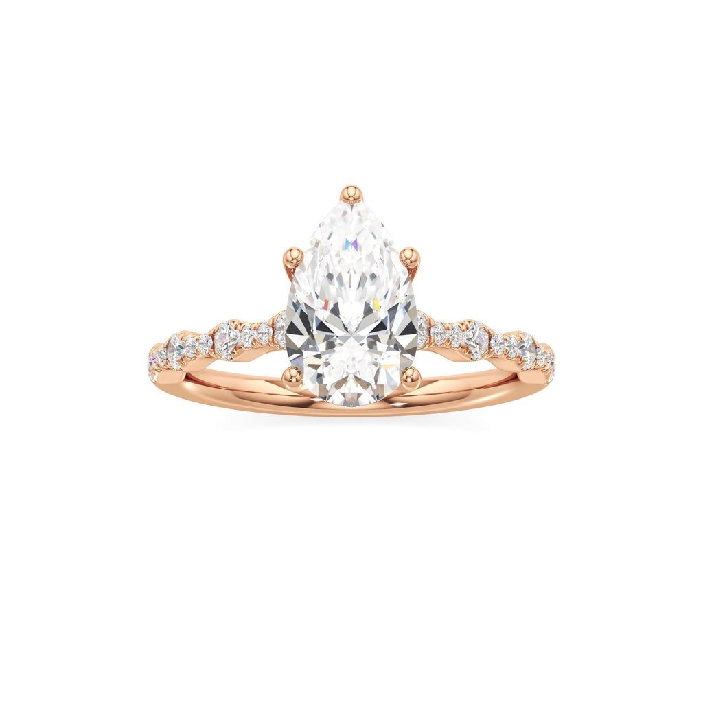 2 ct East-West Lab diamond Ring, IGI Certified Lab Grown Diamond, Scalloped Pavé Solitaire 2ct Rose Gold Pear