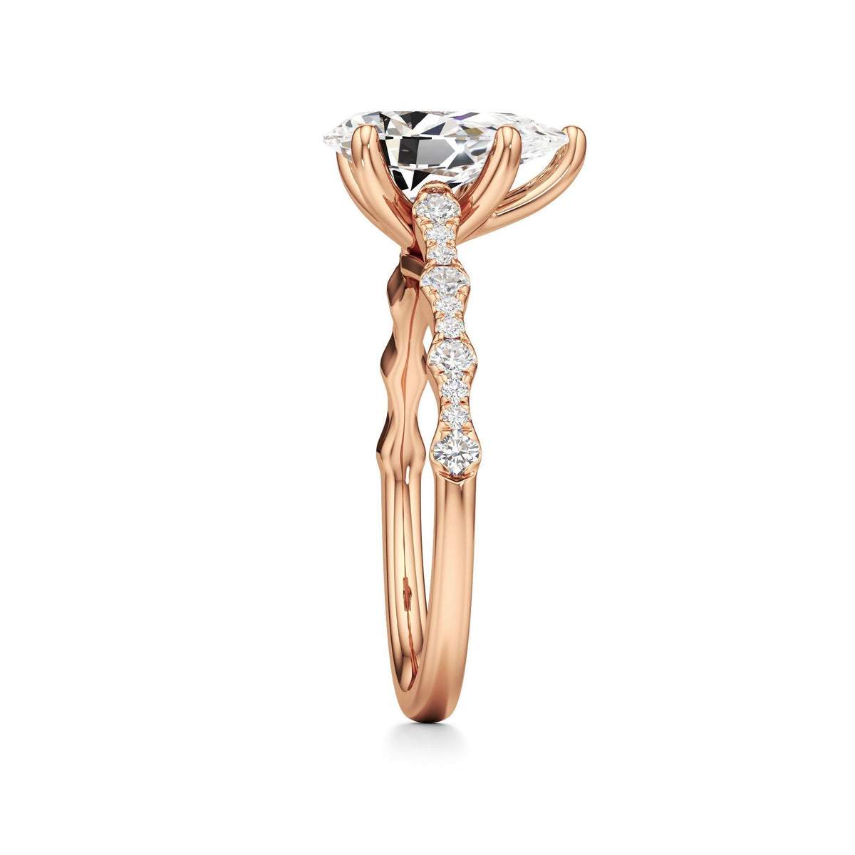 2 ct East-West Lab diamond Ring, IGI Certified Lab Grown Diamond, Scalloped Pavé Solitaire 2ct Rose Gold Pear
