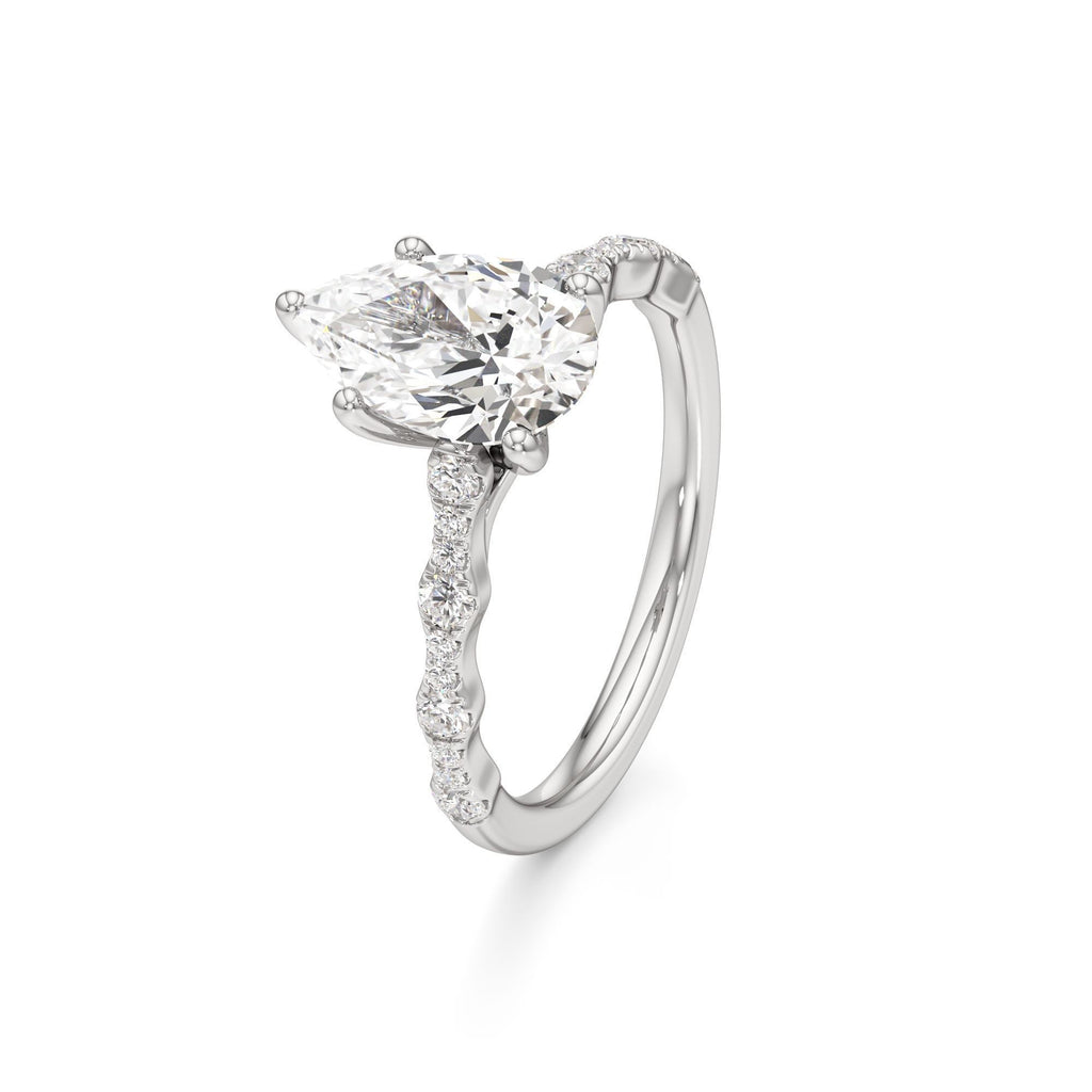 2 ct East-West Lab diamond Ring, IGI Certified Lab Grown Diamond, Scalloped Pavé Solitaire 2ct White Gold Pear
