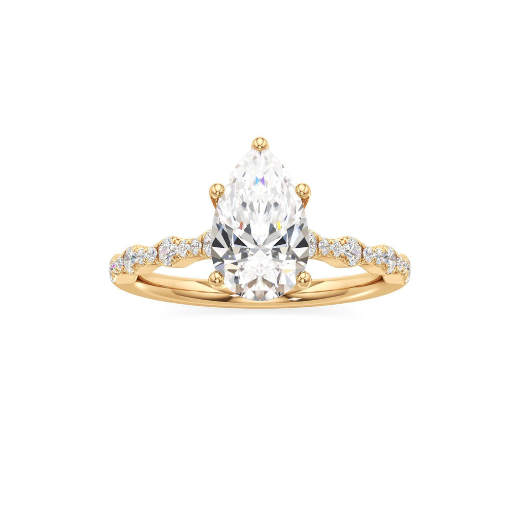 2 ct East-West Lab diamond Ring, IGI Certified Lab Grown Diamond, Scalloped Pavé Solitaire 2ct Yellow Gold Pear