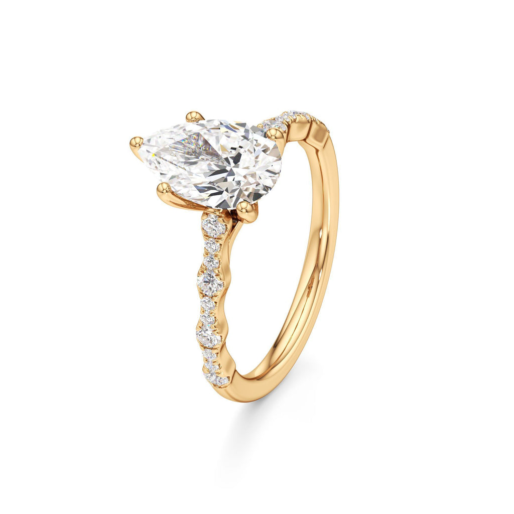 2 ct East-West Lab diamond Ring, IGI Certified Lab Grown Diamond, Scalloped Pavé Solitaire 2ct Yellow Gold Pear