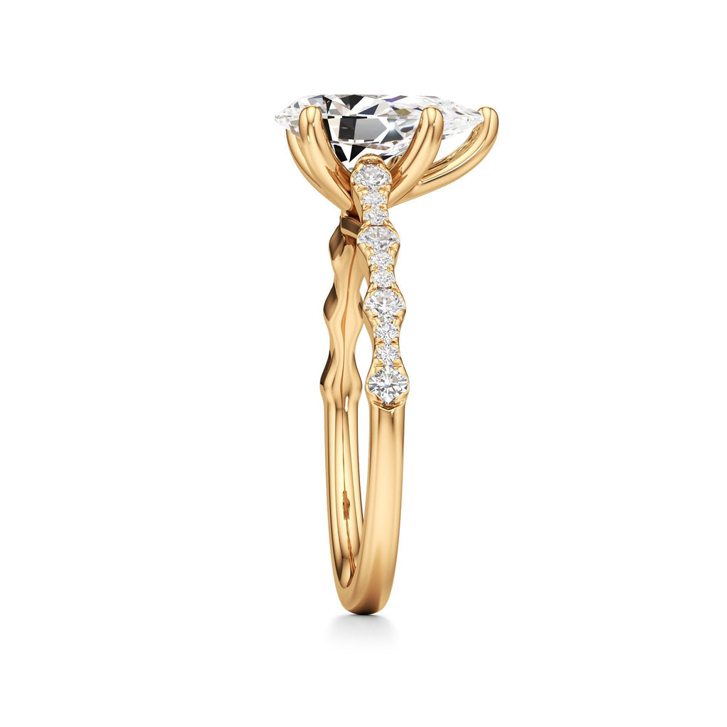 2 ct East-West Lab diamond Ring, IGI Certified Lab Grown Diamond, Scalloped Pavé Solitaire 2ct Yellow Gold Pear