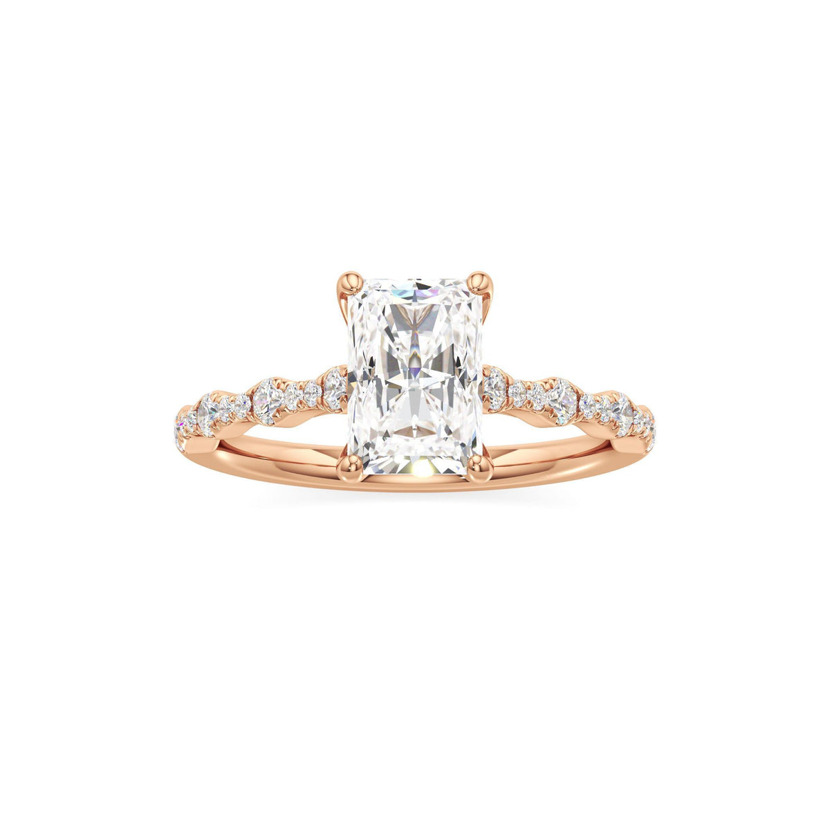 2 ct East-West Lab diamond Ring, IGI Certified Lab Grown Diamond, Scalloped Pavé Solitaire 2ct Rose Gold Radiant