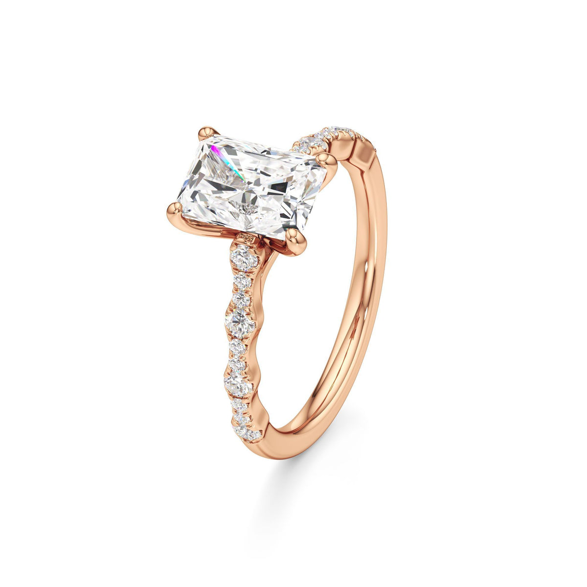 2 ct East-West Lab diamond Ring, IGI Certified Lab Grown Diamond, Scalloped Pavé Solitaire 2ct Rose Gold Radiant