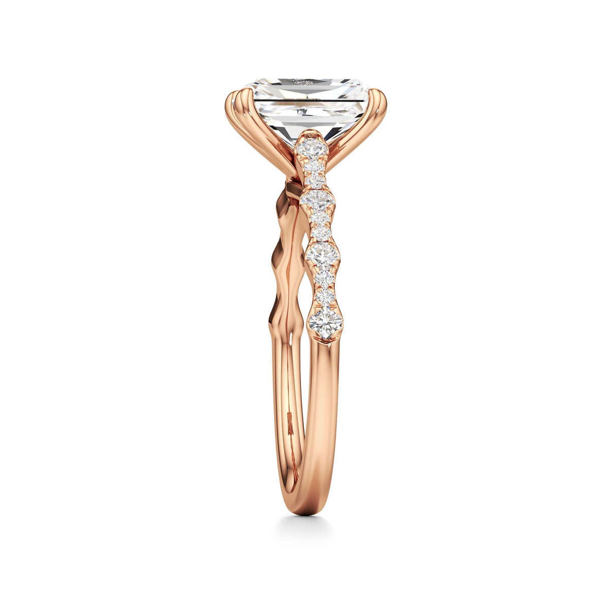2 ct East-West Lab diamond Ring, IGI Certified Lab Grown Diamond, Scalloped Pavé Solitaire 2ct Rose Gold Radiant