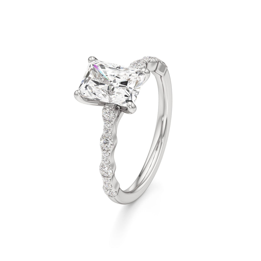 2 ct East-West Lab diamond Ring, IGI Certified Lab Grown Diamond, Scalloped Pavé Solitaire 2ct White Gold Radiant