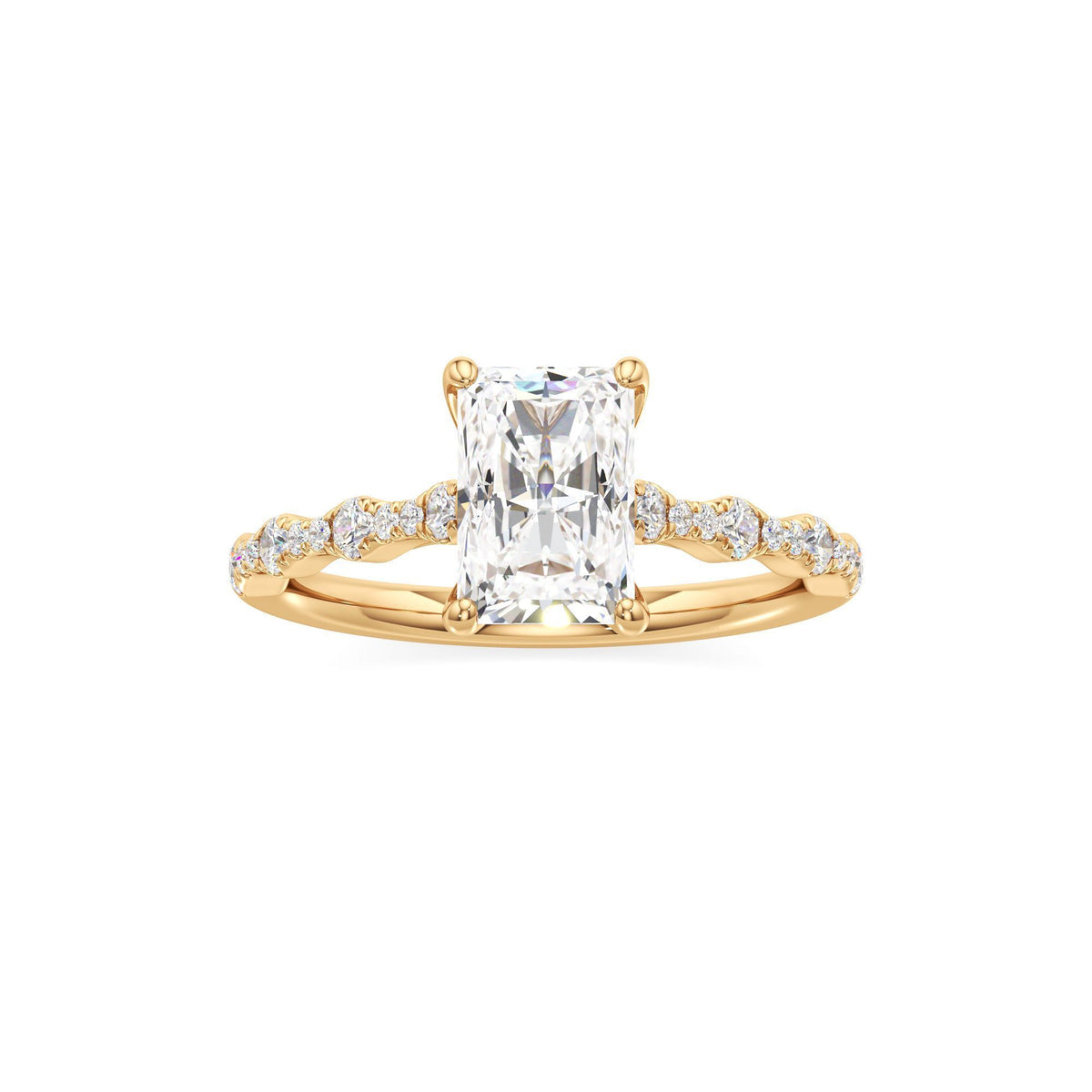 2 ct East-West Lab diamond Ring, IGI Certified Lab Grown Diamond, Scalloped Pavé Solitaire 2ct Yellow Gold Radiant