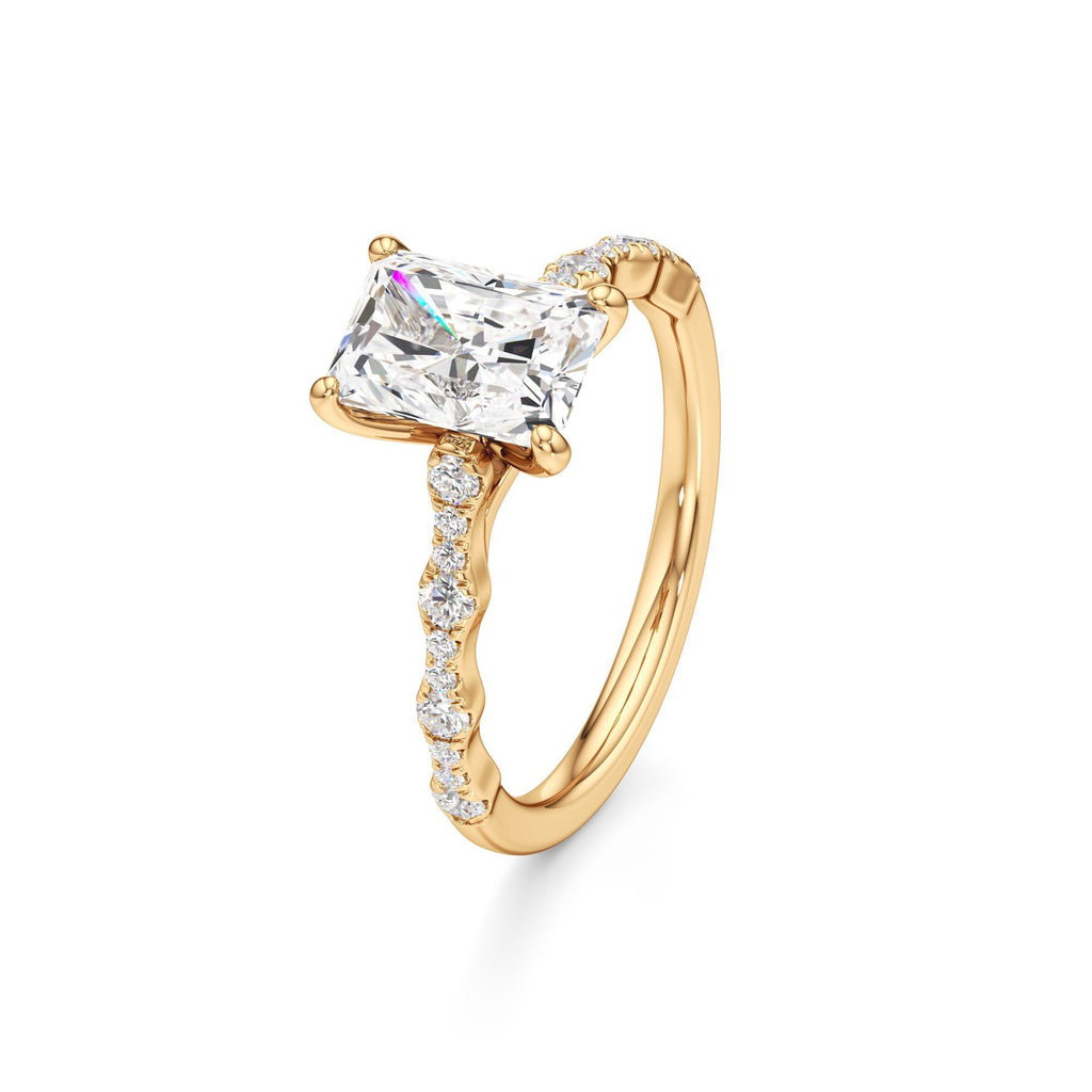2 ct East-West Lab diamond Ring, IGI Certified Lab Grown Diamond, Scalloped Pavé Solitaire 2ct Yellow Gold Radiant