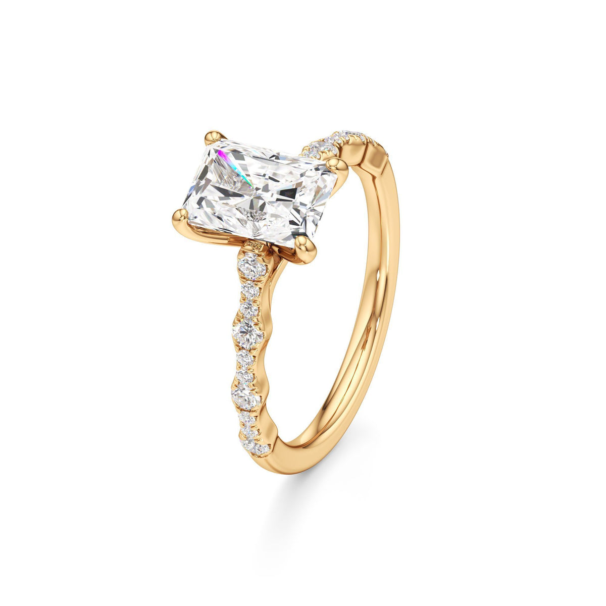 2 ct East-West Lab diamond Ring, IGI Certified Lab Grown Diamond, Scalloped Pavé Solitaire 2ct Yellow Gold Radiant