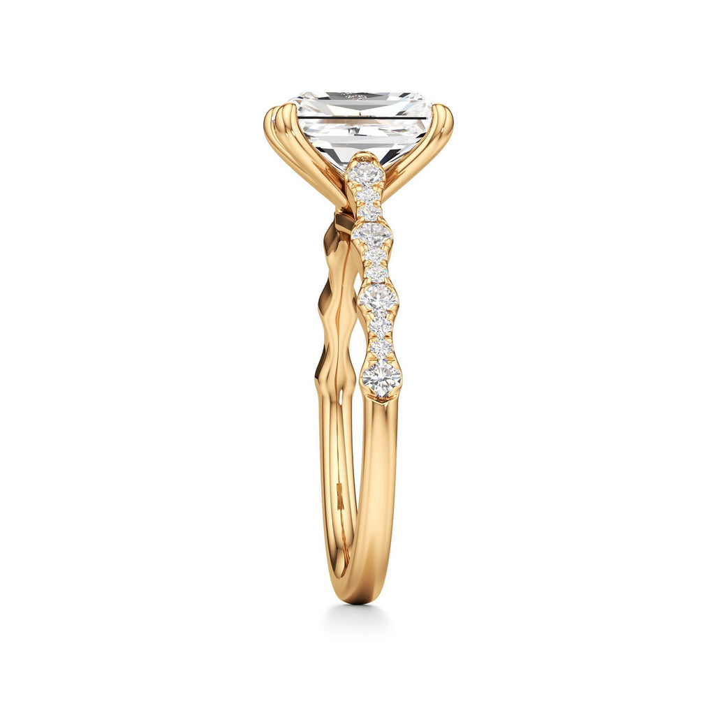 2 ct East-West Lab diamond Ring, IGI Certified Lab Grown Diamond, Scalloped Pavé Solitaire 2ct Yellow Gold Radiant