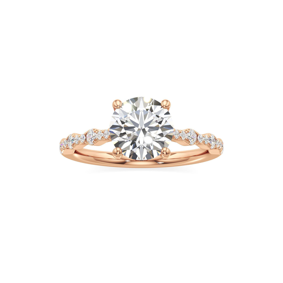 2 ct East-West Lab diamond Ring, IGI Certified Lab Grown Diamond, Scalloped Pavé Solitaire 2ct Rose Gold Round