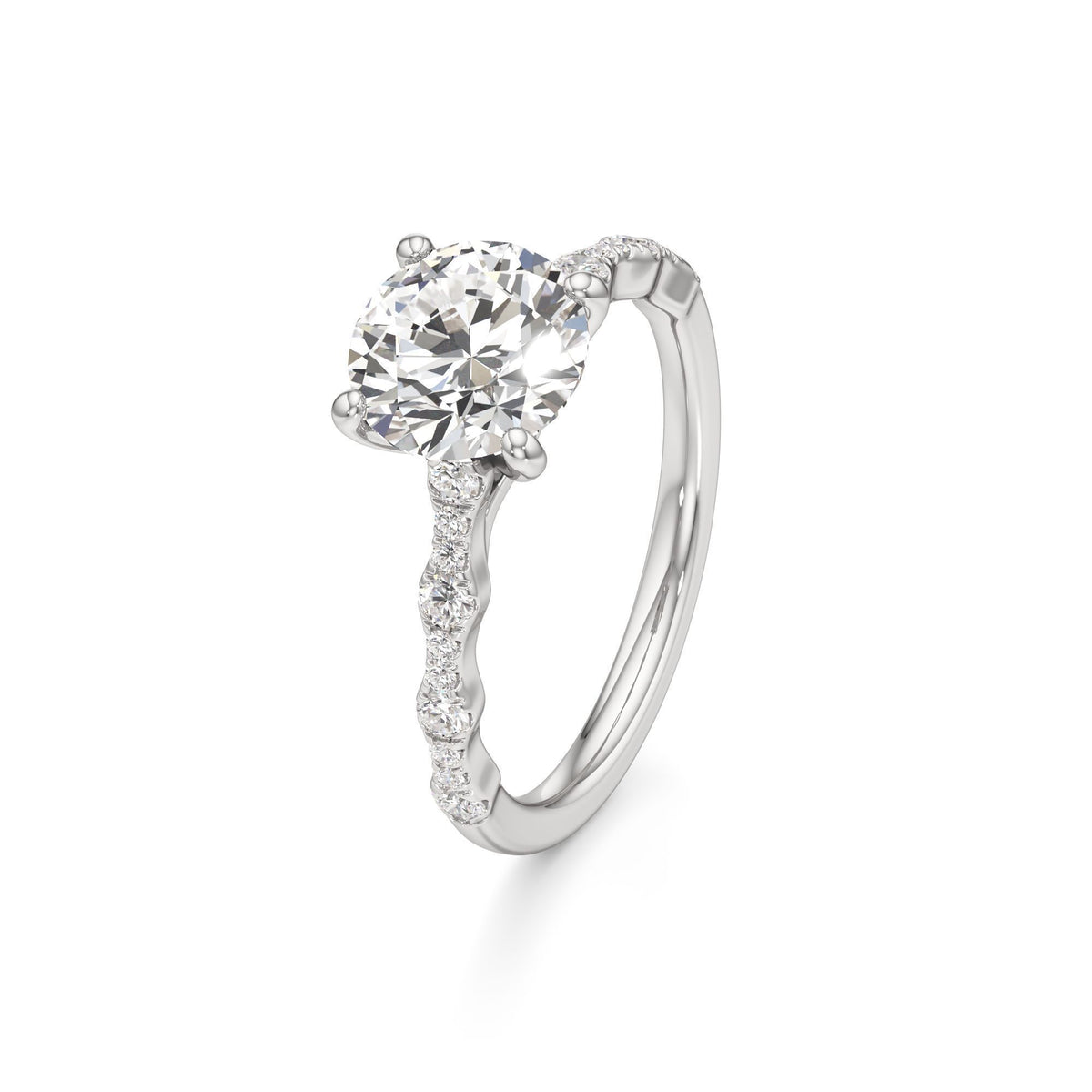 2 ct East-West Lab diamond Ring, IGI Certified Lab Grown Diamond, Scalloped Pavé Solitaire 2ct White Gold Round