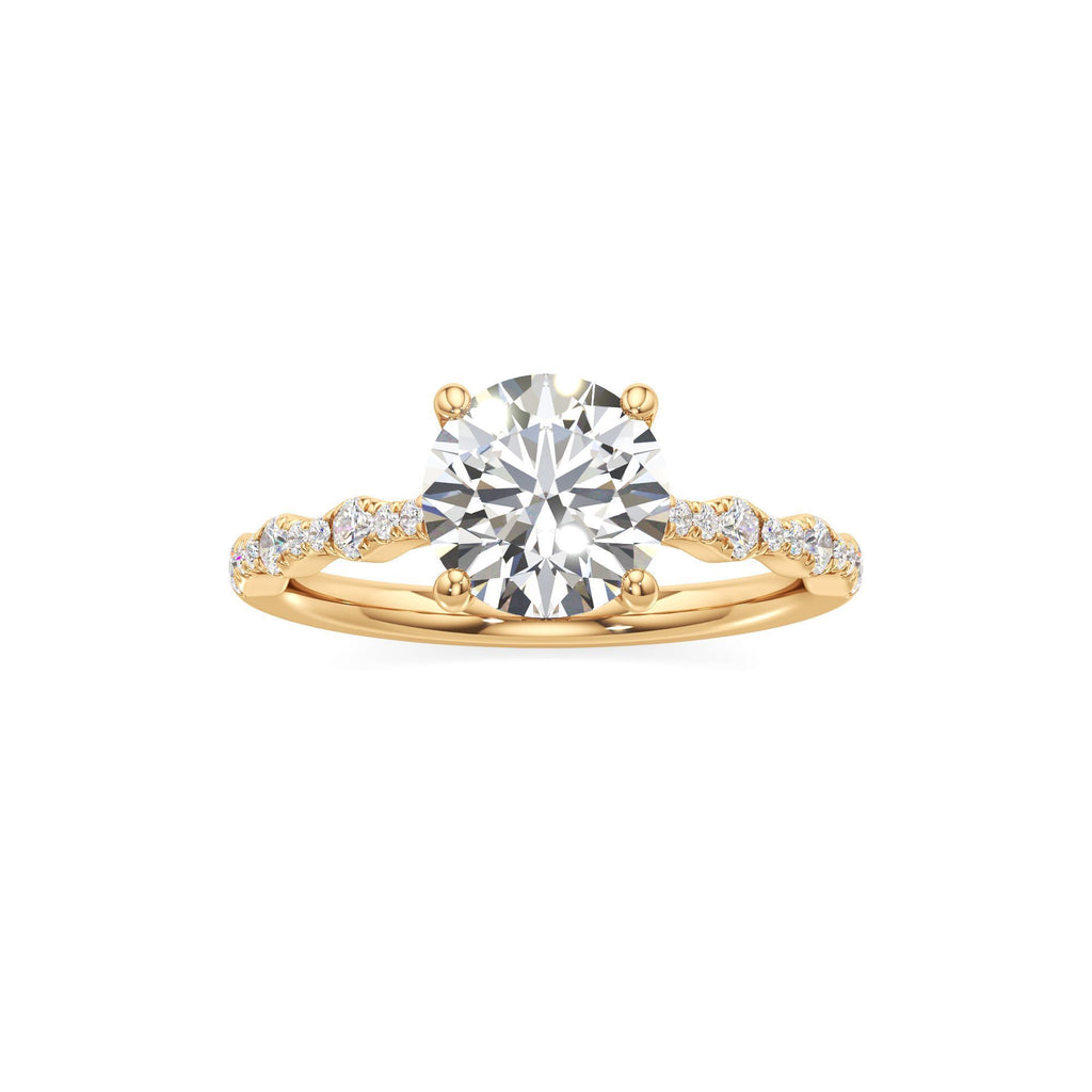 2 ct East-West Lab diamond Ring, IGI Certified Lab Grown Diamond, Scalloped Pavé Solitaire 2ct Yellow Gold Round