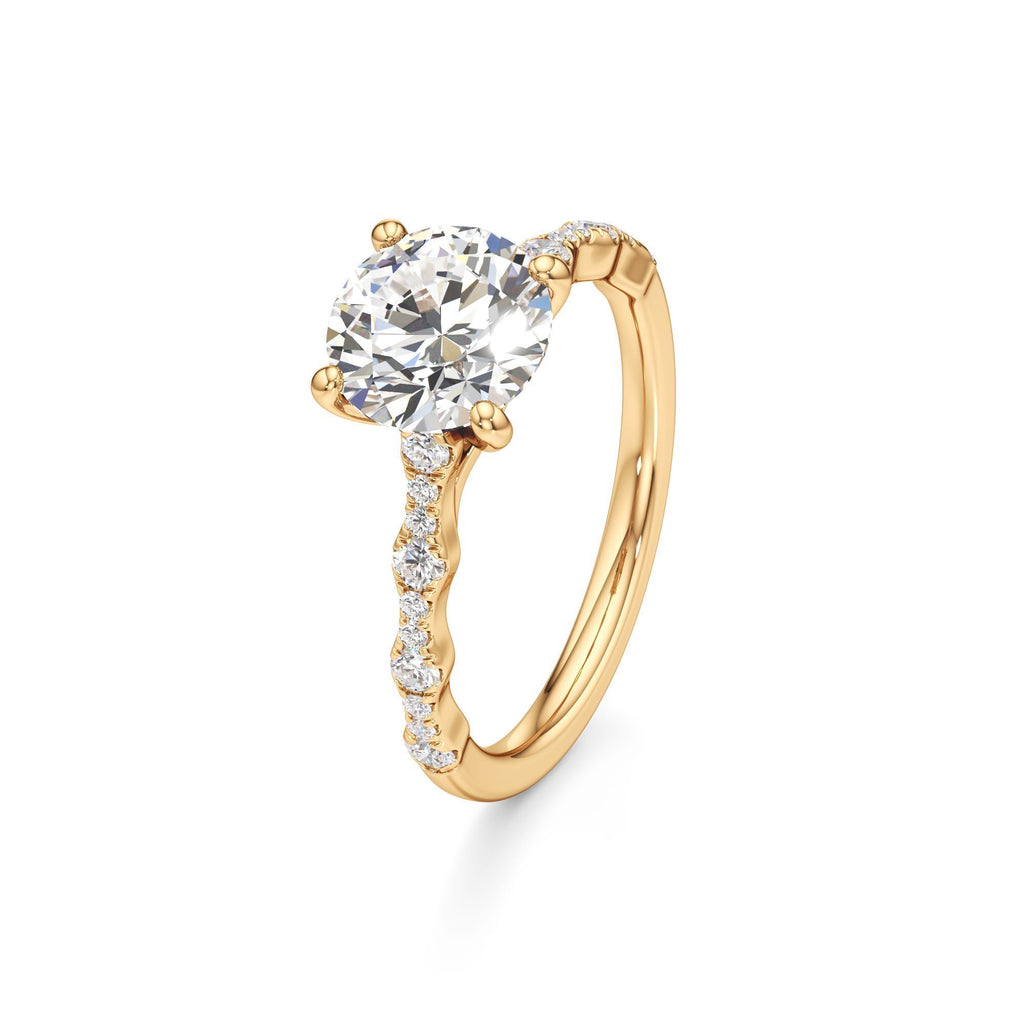 2 ct East-West Lab diamond Ring, IGI Certified Lab Grown Diamond, Scalloped Pavé Solitaire 2ct Yellow Gold Round