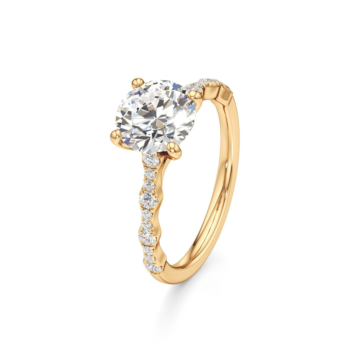2 ct East-West Lab diamond Ring, IGI Certified Lab Grown Diamond, Scalloped Pavé Solitaire 2ct Yellow Gold Round