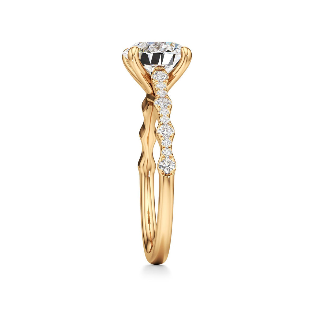 2 ct East-West Lab diamond Ring, IGI Certified Lab Grown Diamond, Scalloped Pavé Solitaire 2ct Yellow Gold Round