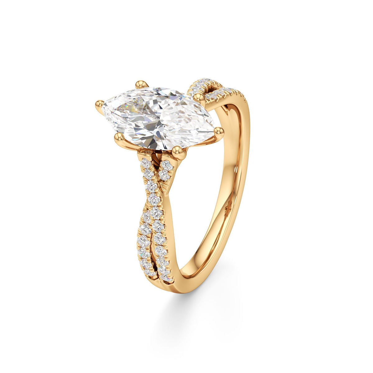 2ct Infinity Ring, IGI Certified Lab Grown Diamond, Twisted Pavé Solitaire 2ct Yellow Gold Marquise