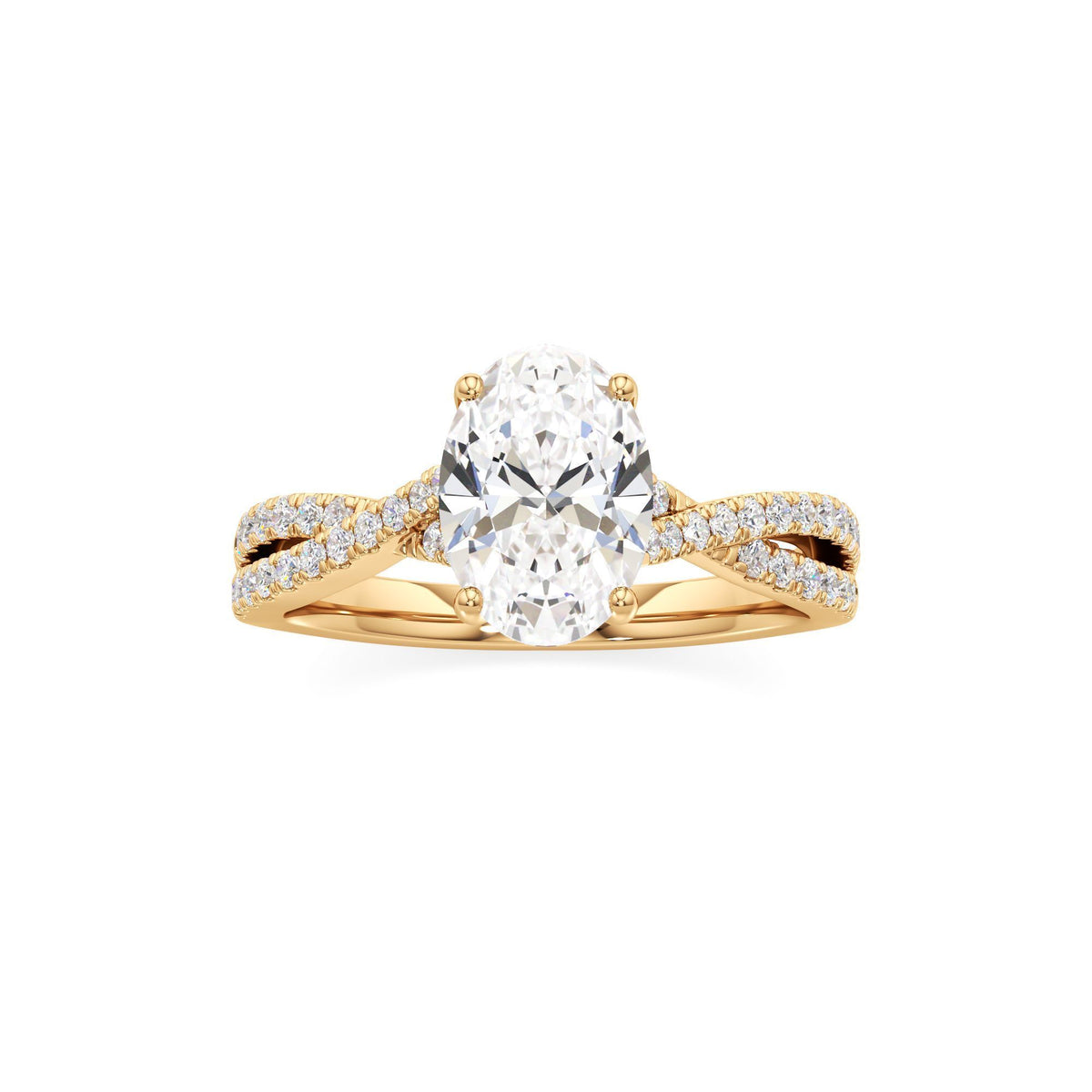 2ct Infinity Ring, IGI Certified Lab Grown Diamond, Twisted Pavé Solitaire 2ct Yellow Gold Oval