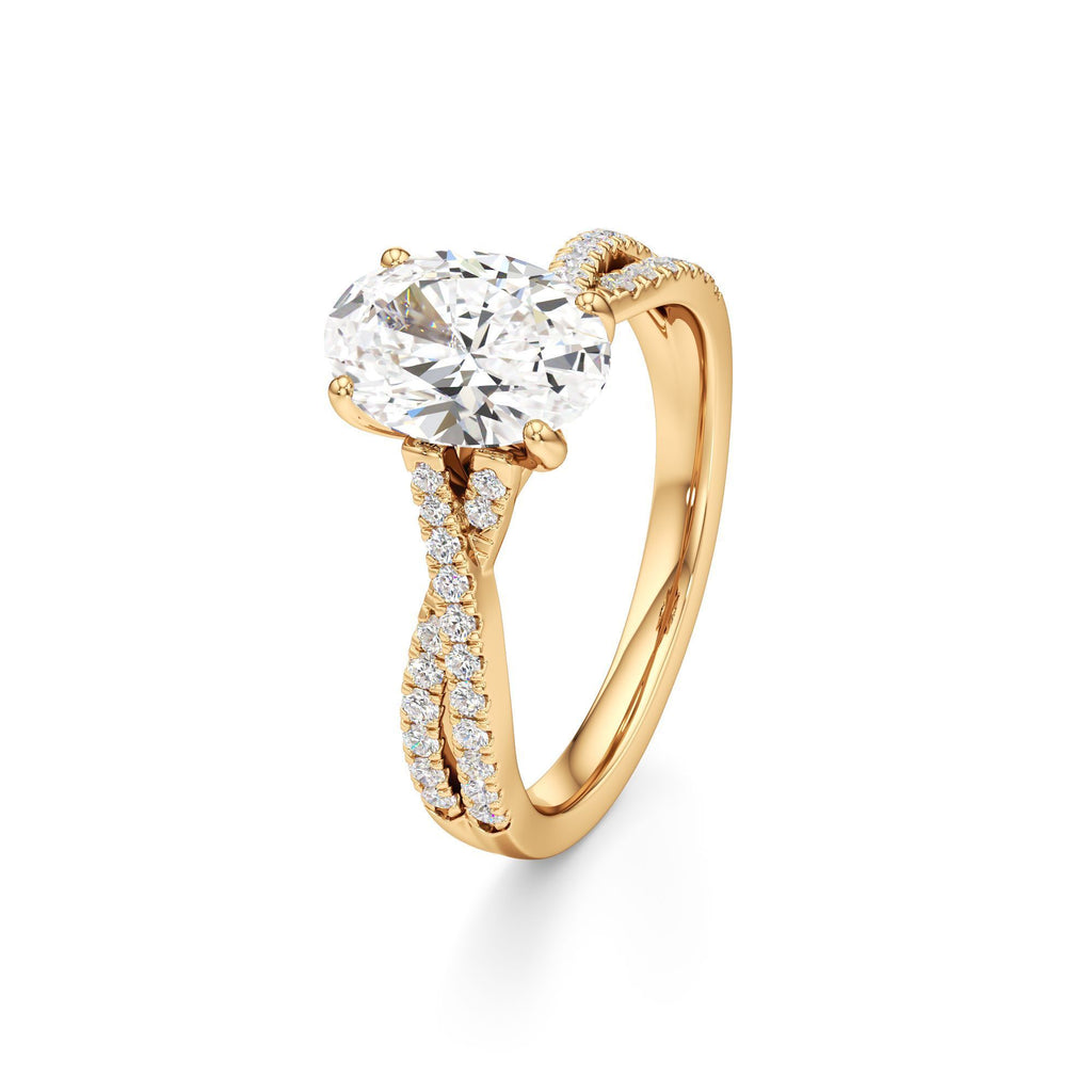 2ct Infinity Ring, IGI Certified Lab Grown Diamond, Twisted Pavé Solitaire 2ct Yellow Gold Oval