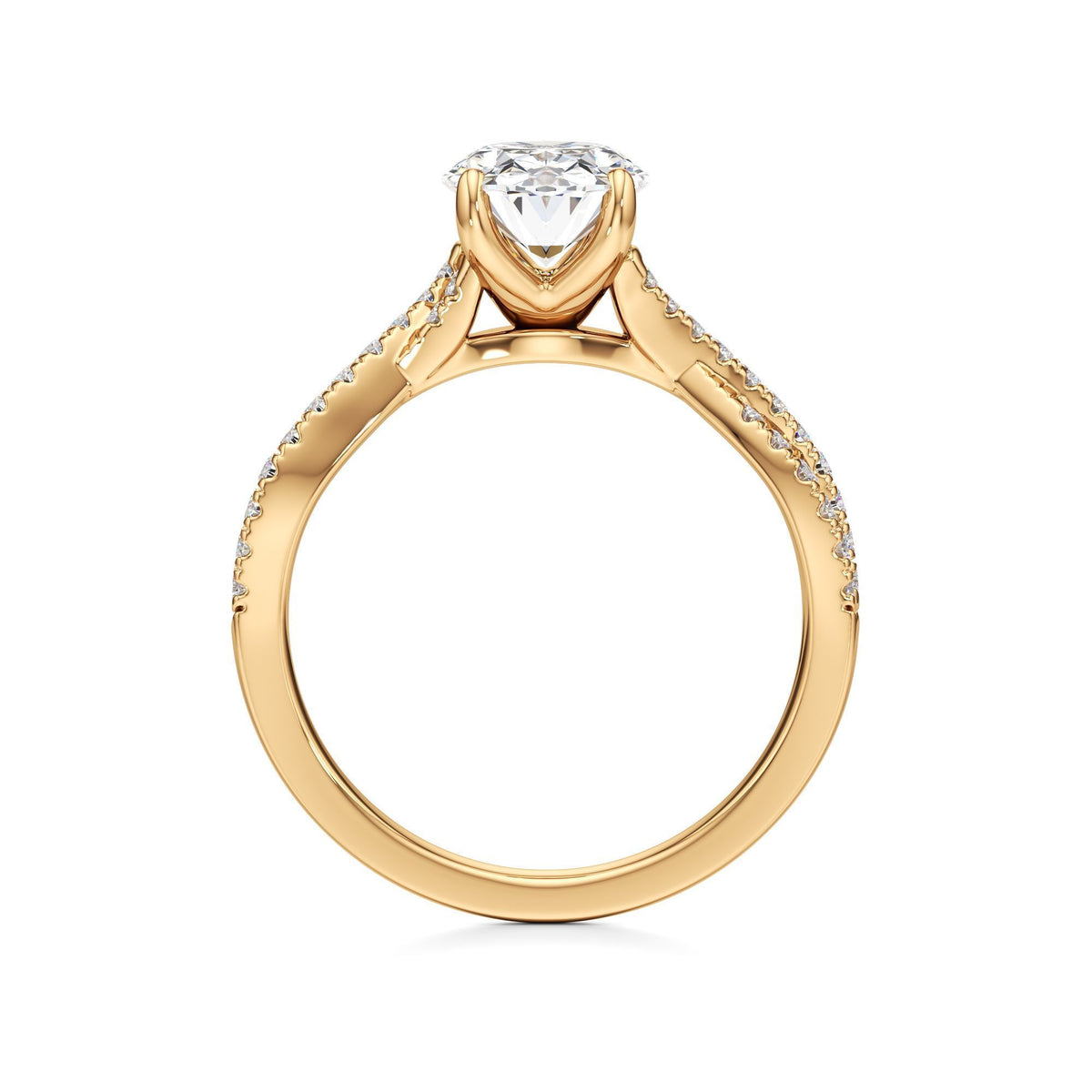 2ct Infinity Ring, IGI Certified Lab Grown Diamond, Twisted Pavé Solitaire 2ct Yellow Gold Oval
