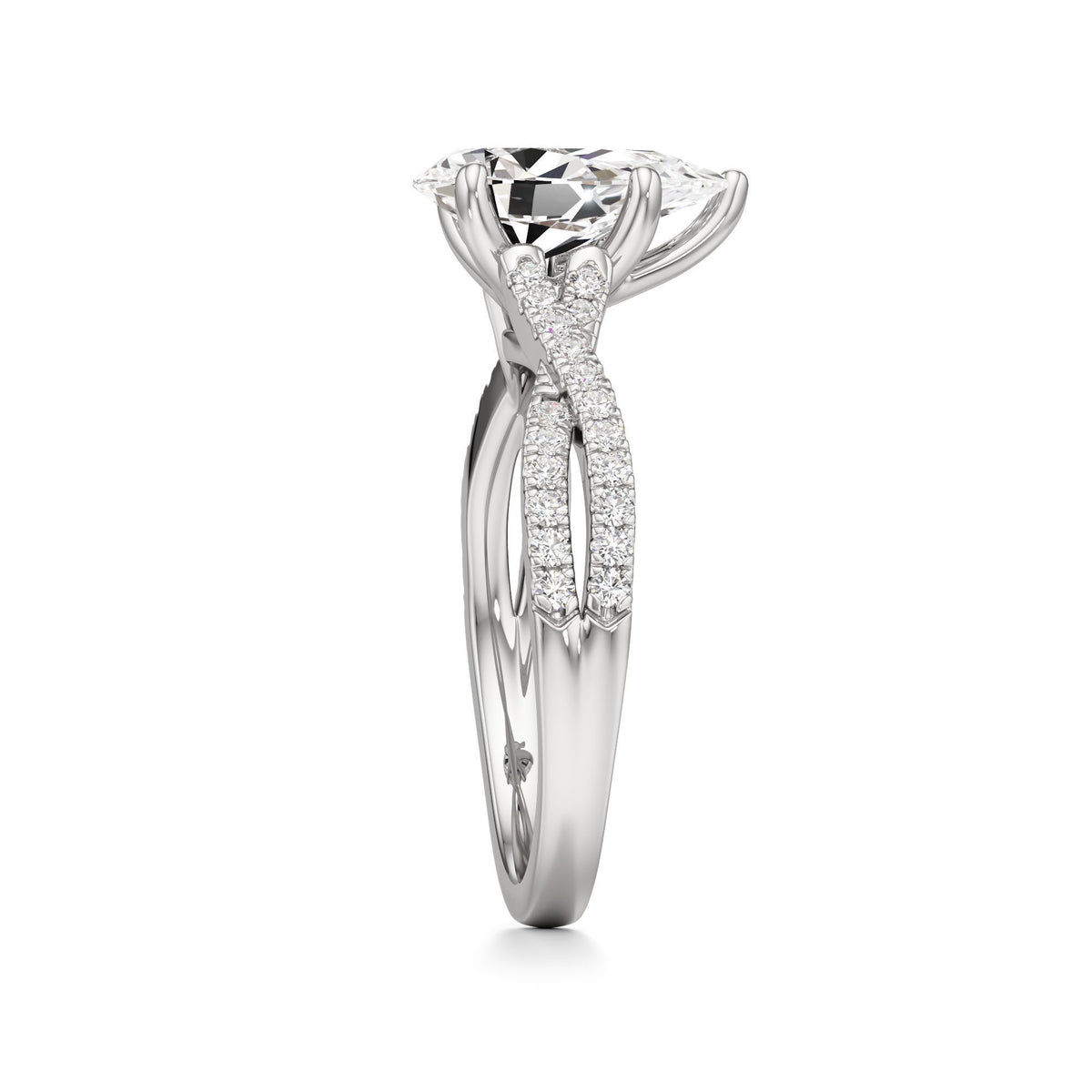 2ct Infinity Ring, IGI Certified Lab Grown Diamond, Twisted Pavé Solitaire 2ct White Gold Pear