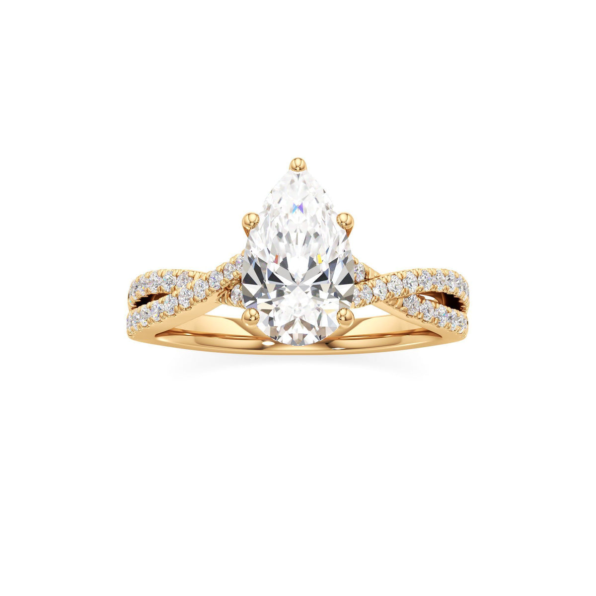 2ct Infinity Ring, IGI Certified Lab Grown Diamond, Twisted Pavé Solitaire 2ct Yellow Gold Pear