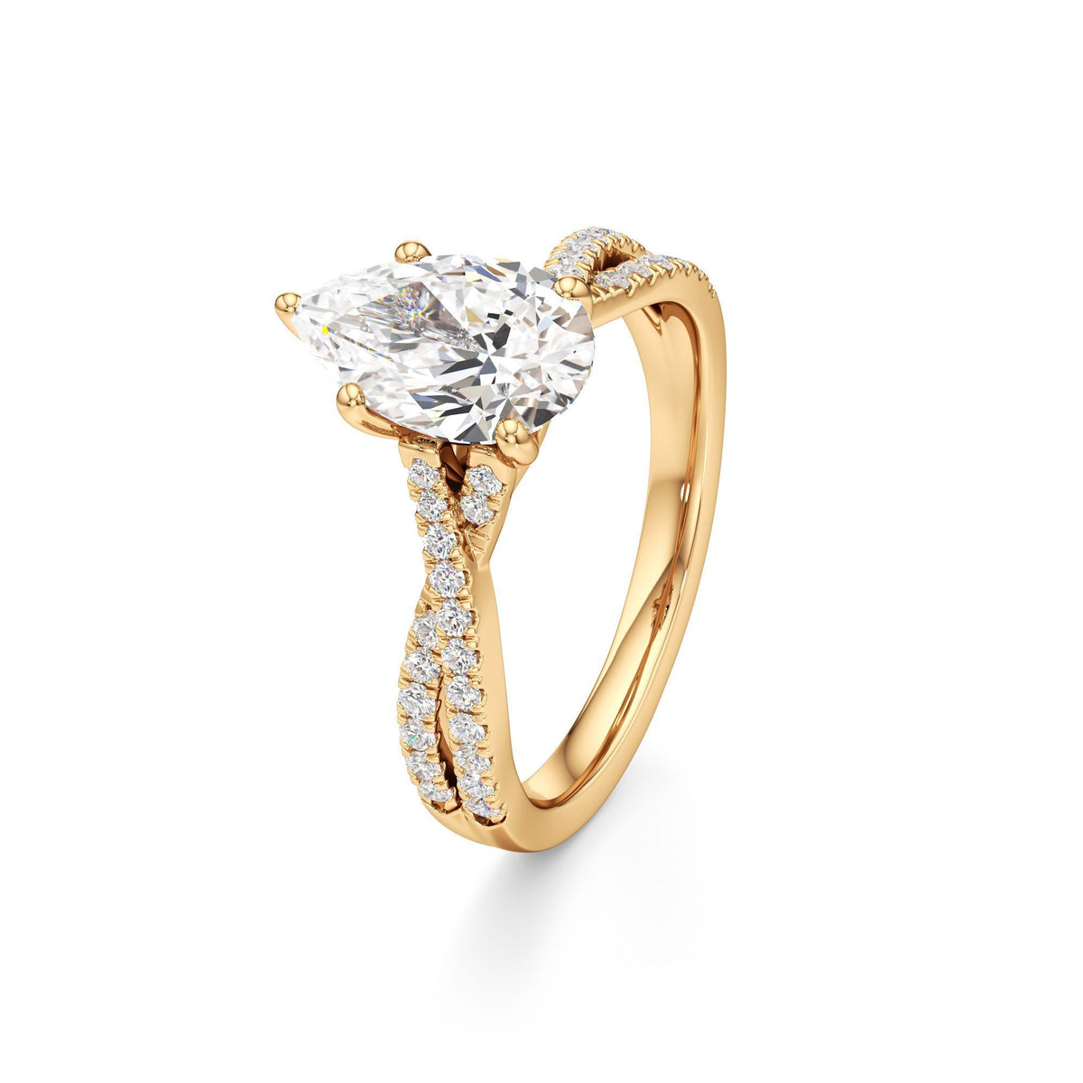 2ct Infinity Ring, IGI Certified Lab Grown Diamond, Twisted Pavé Solitaire 2ct Yellow Gold Pear