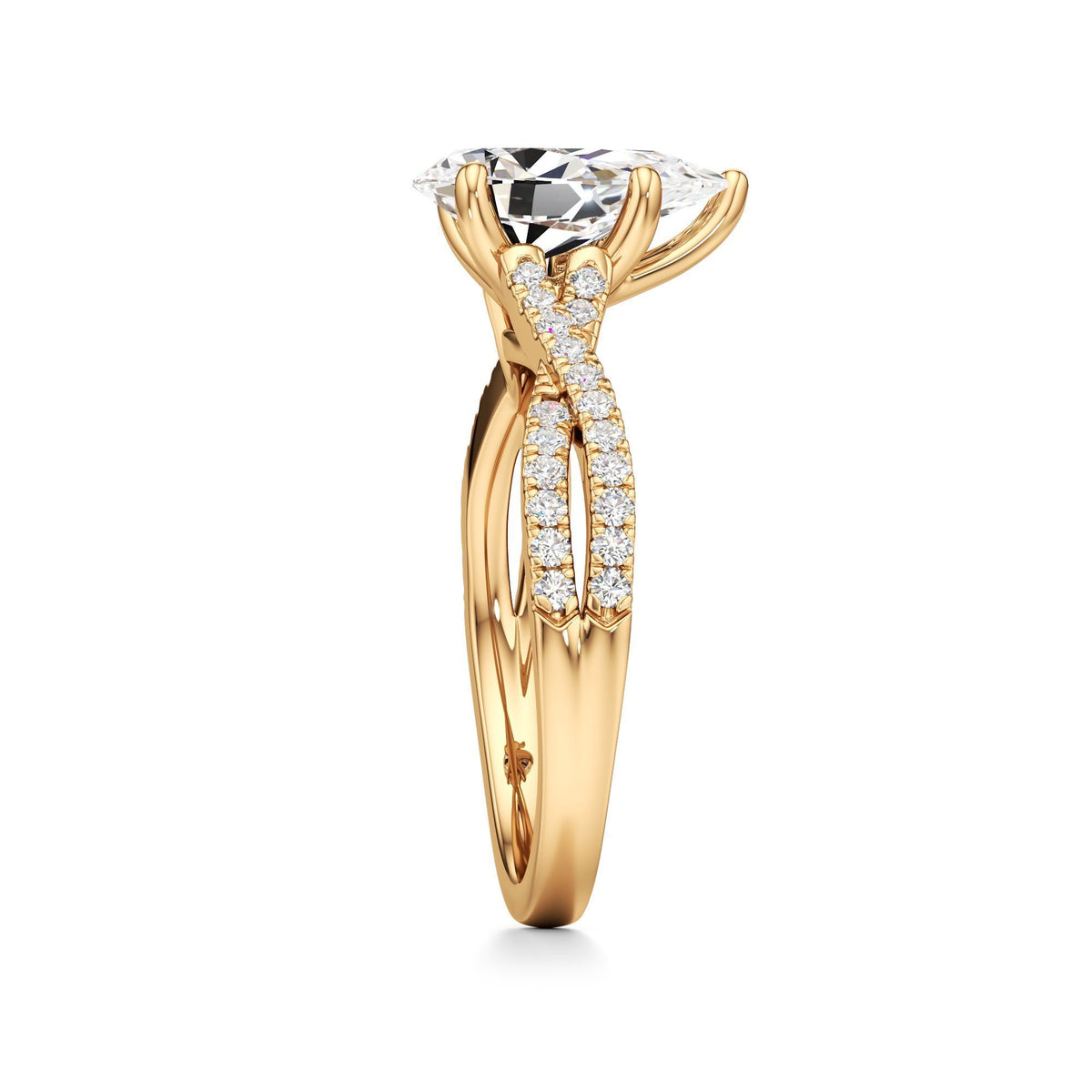 2ct Infinity Ring, IGI Certified Lab Grown Diamond, Twisted Pavé Solitaire 2ct Yellow Gold Pear