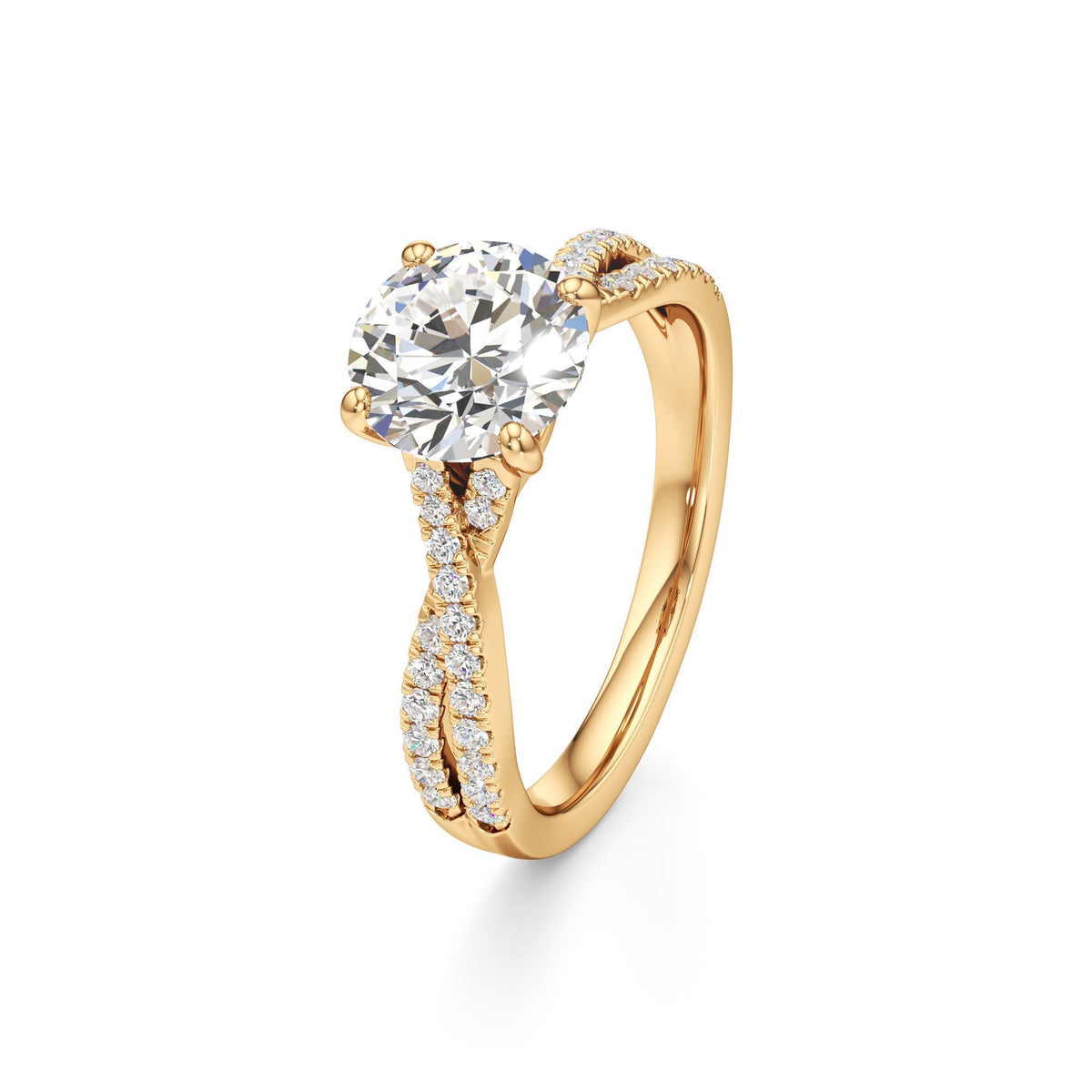 2ct Infinity Ring, IGI Certified Lab Grown Diamond, Twisted Pavé Solitaire 2ct Yellow Gold Round