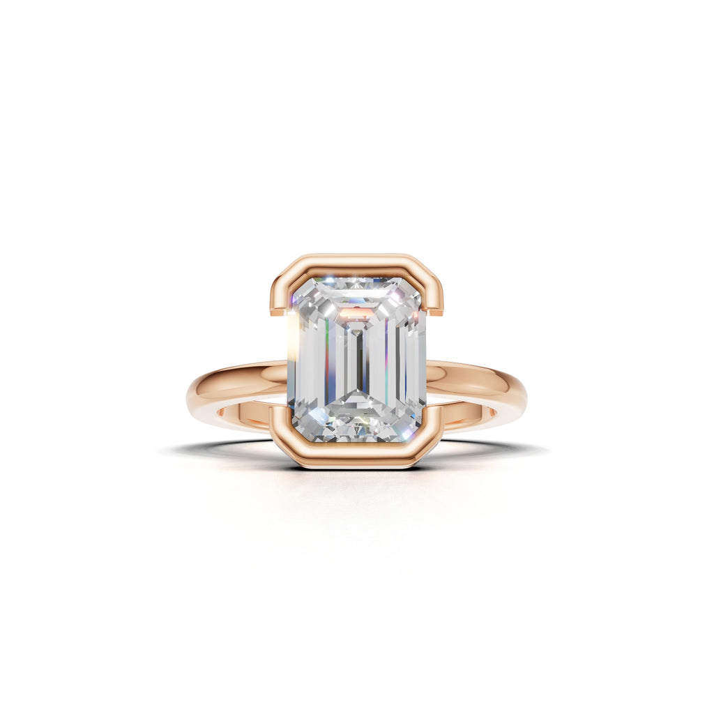 3 ct Lab Diamond Half-Bezel Ring, IGI Certified Lab Grown Diamond, Yellow Gold Solitaire 3ct Rose Gold Emerald