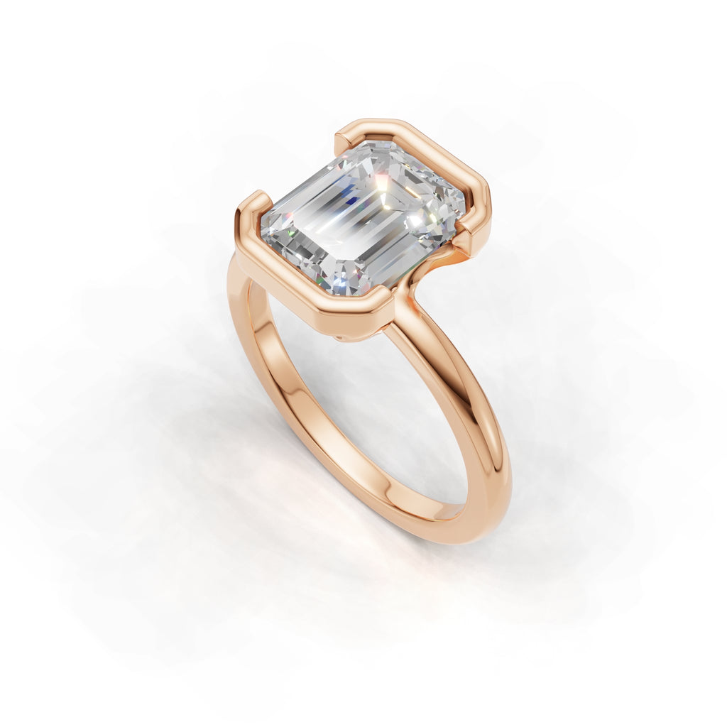 3 ct Lab Diamond Half-Bezel Ring, IGI Certified Lab Grown Diamond, Yellow Gold Solitaire 3ct Rose Gold Emerald