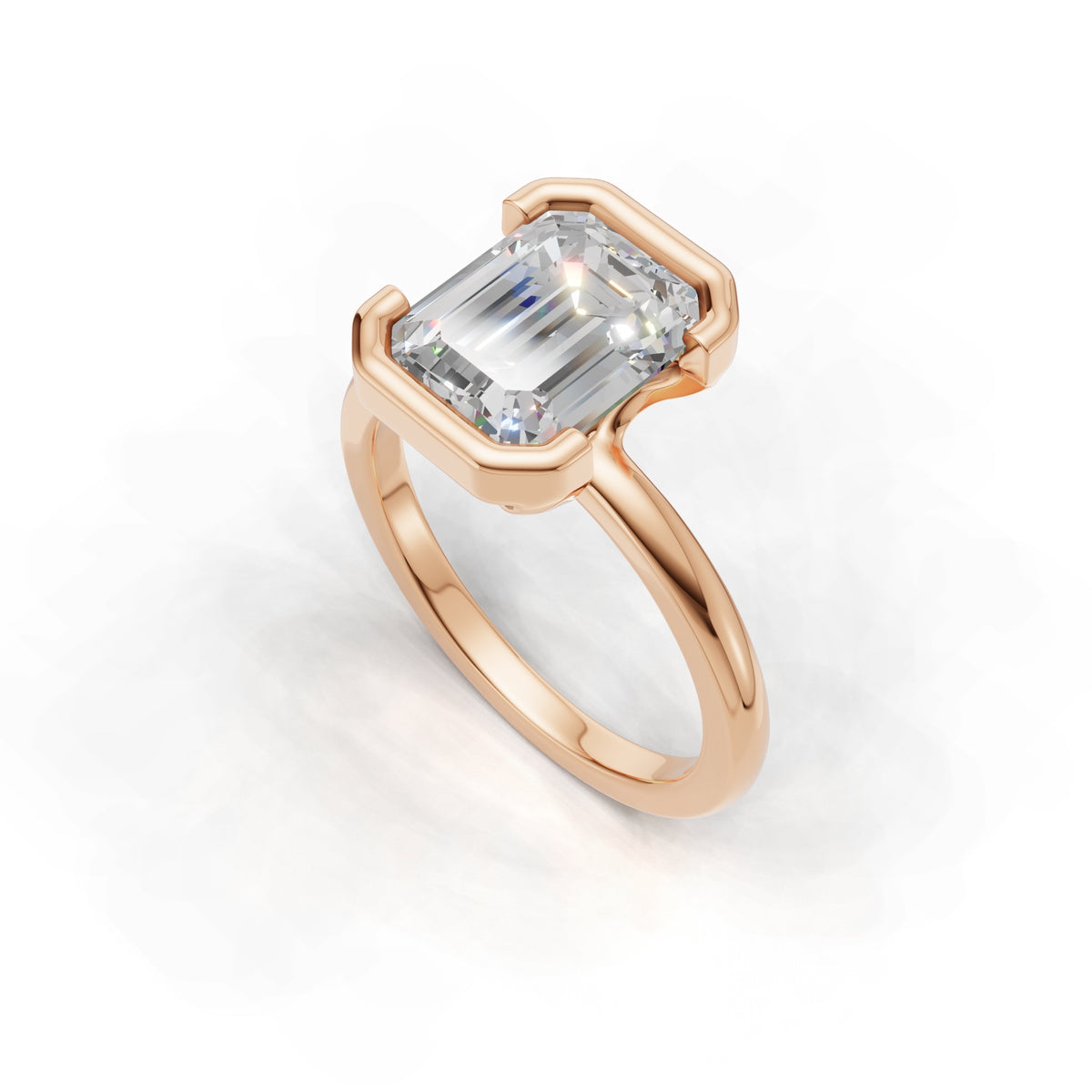 3 ct Lab Diamond Half-Bezel Ring, IGI Certified Lab Grown Diamond, Yellow Gold Solitaire 3ct Rose Gold Emerald