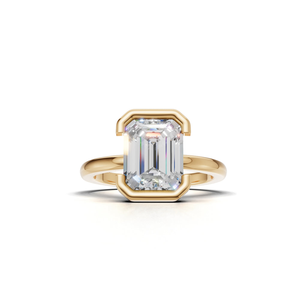 3 ct Lab Diamond Half-Bezel Ring, IGI Certified Lab Grown Diamond, Yellow Gold Solitaire 3ct Yellow Gold Emerald