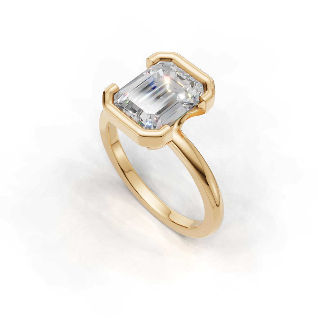 3 ct Lab Diamond Half-Bezel Ring, IGI Certified Lab Grown Diamond, Yellow Gold Solitaire 3ct Yellow Gold Emerald