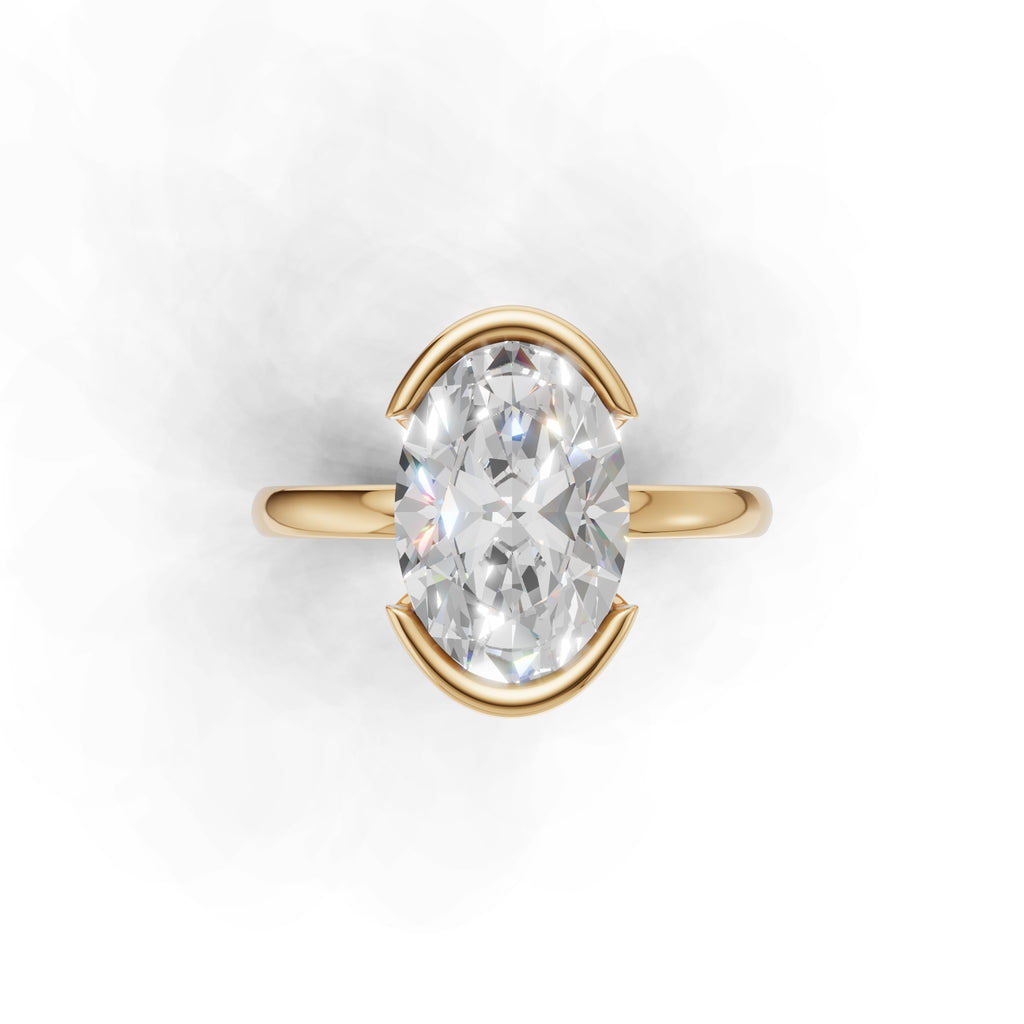 3 ct Lab Diamond Half-Bezel Ring, IGI Certified Lab Grown Diamond, Yellow Gold Solitaire 3ct Yellow Gold Oval