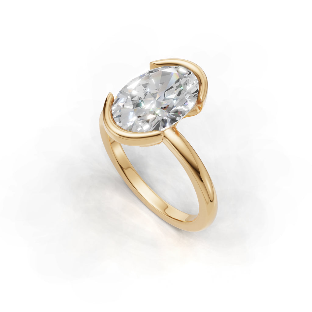 3 ct Lab Diamond Half-Bezel Ring, IGI Certified Lab Grown Diamond, Yellow Gold Solitaire 3ct Yellow Gold Oval