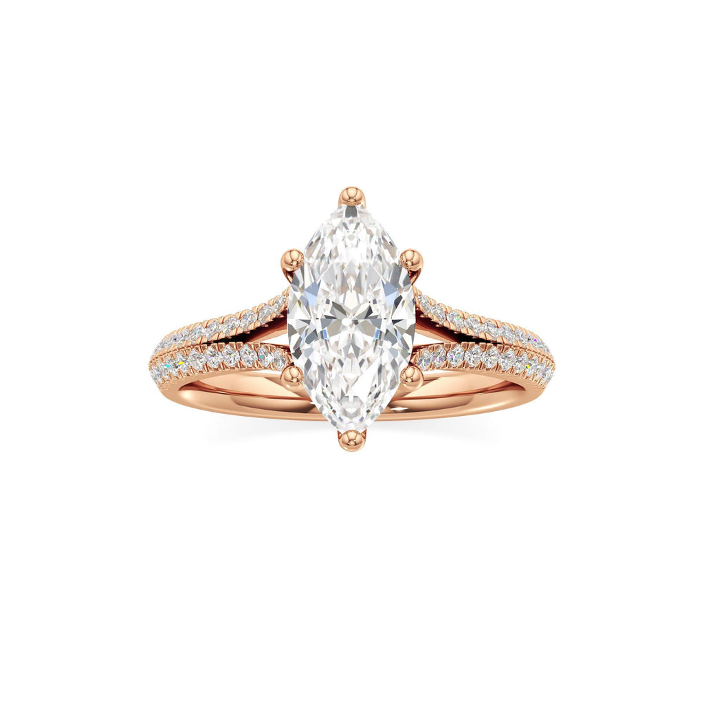 2 ct Split Shank Pavé Ring, IGI Certified Lab Grown Diamond, Four-Prong Solitaire 2ct Rose Gold Marquise